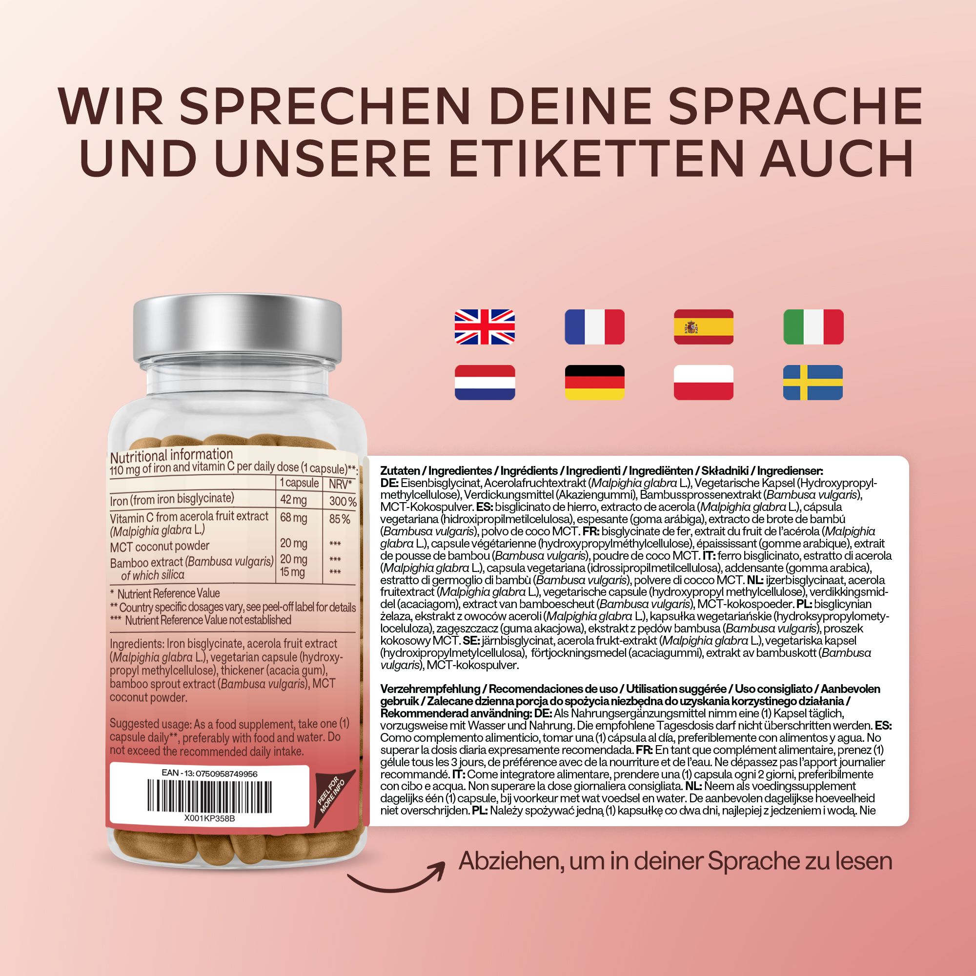 Flasche Aavalabs Eisenbisglycinat mit Länderflaggen und Zutatenliste.