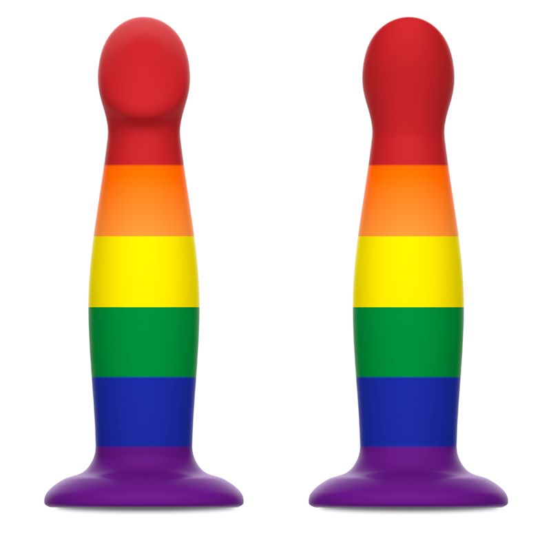 Zwei identische, regenbogenfarbene Dildos nebeneinander.