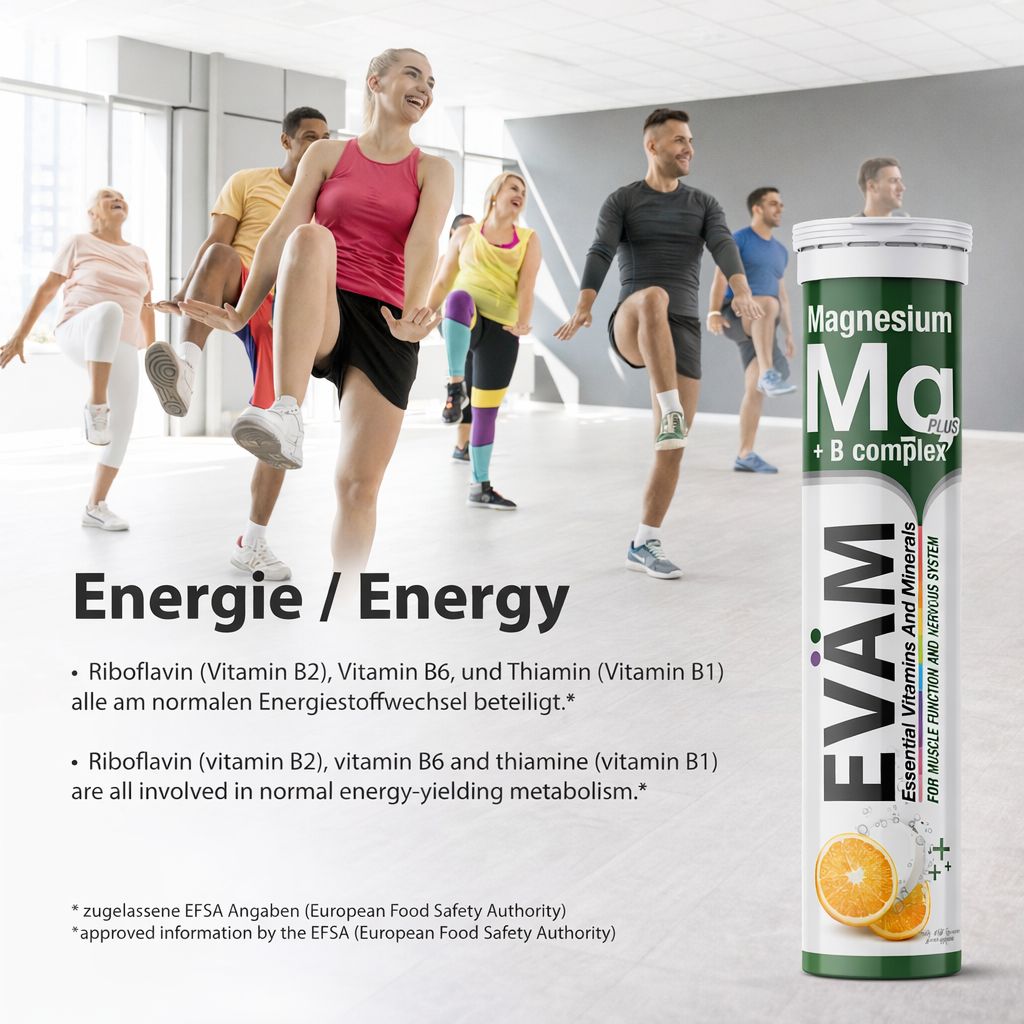 EVÄM Magnesium + B Komplex Brausetablette. Menschen beim Sport. Text: Energie. Orange-Geschmack. 20 Tabletten. Grün-weiße Verpackung.