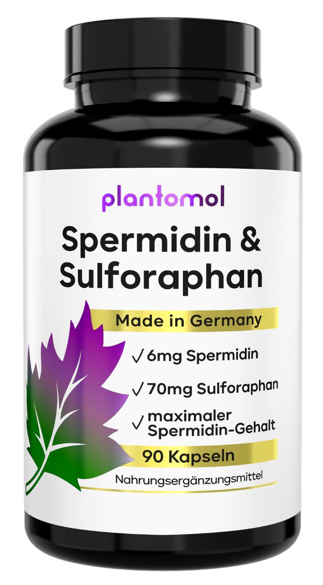 Schwarze Flasche mit weißen Etikett. Aufschrift: plantomol Spermidin & Sulforaphan. Enthält 90 Kapseln. Made in Germany. 6mg Spermidin, 70mg Sulforaphan.