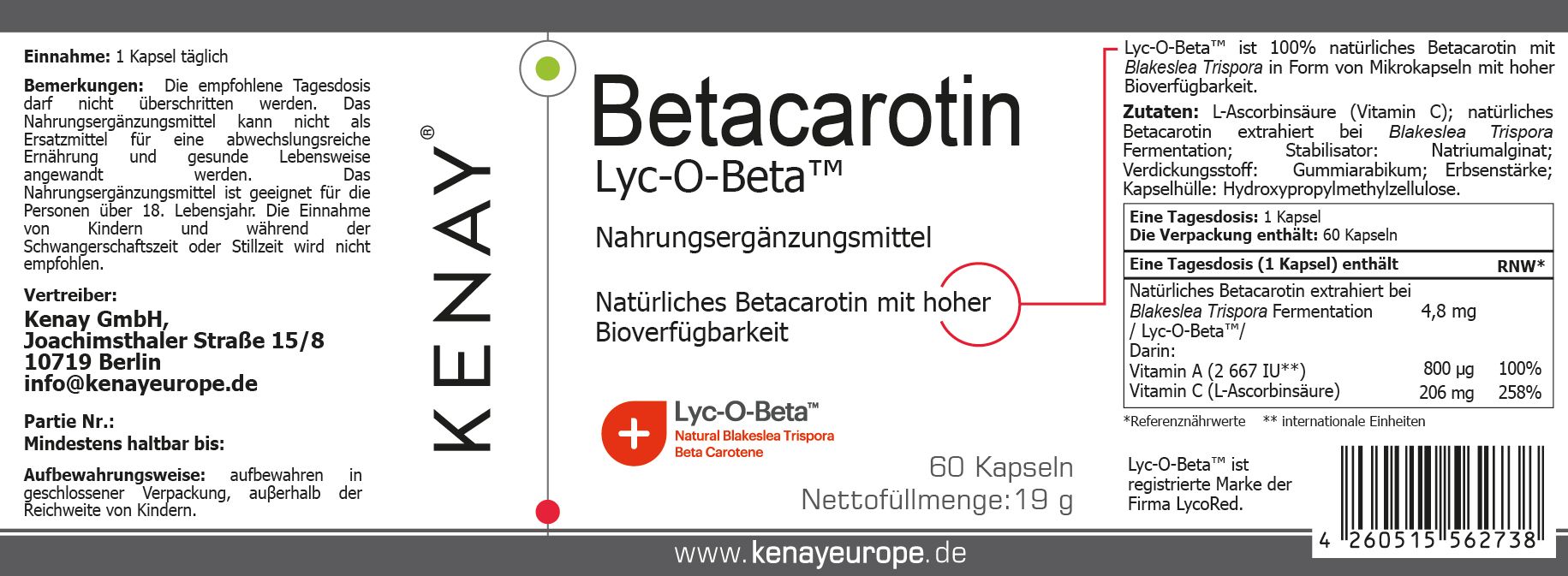 Weißes Etikett mit Text. Beschriftung: Betacarotin Lyc-O-Beta™, Nahrungsergänzungsmittel, KENAY®. 60 Kapseln. Inhaltsstoffe und Herstellerangaben.