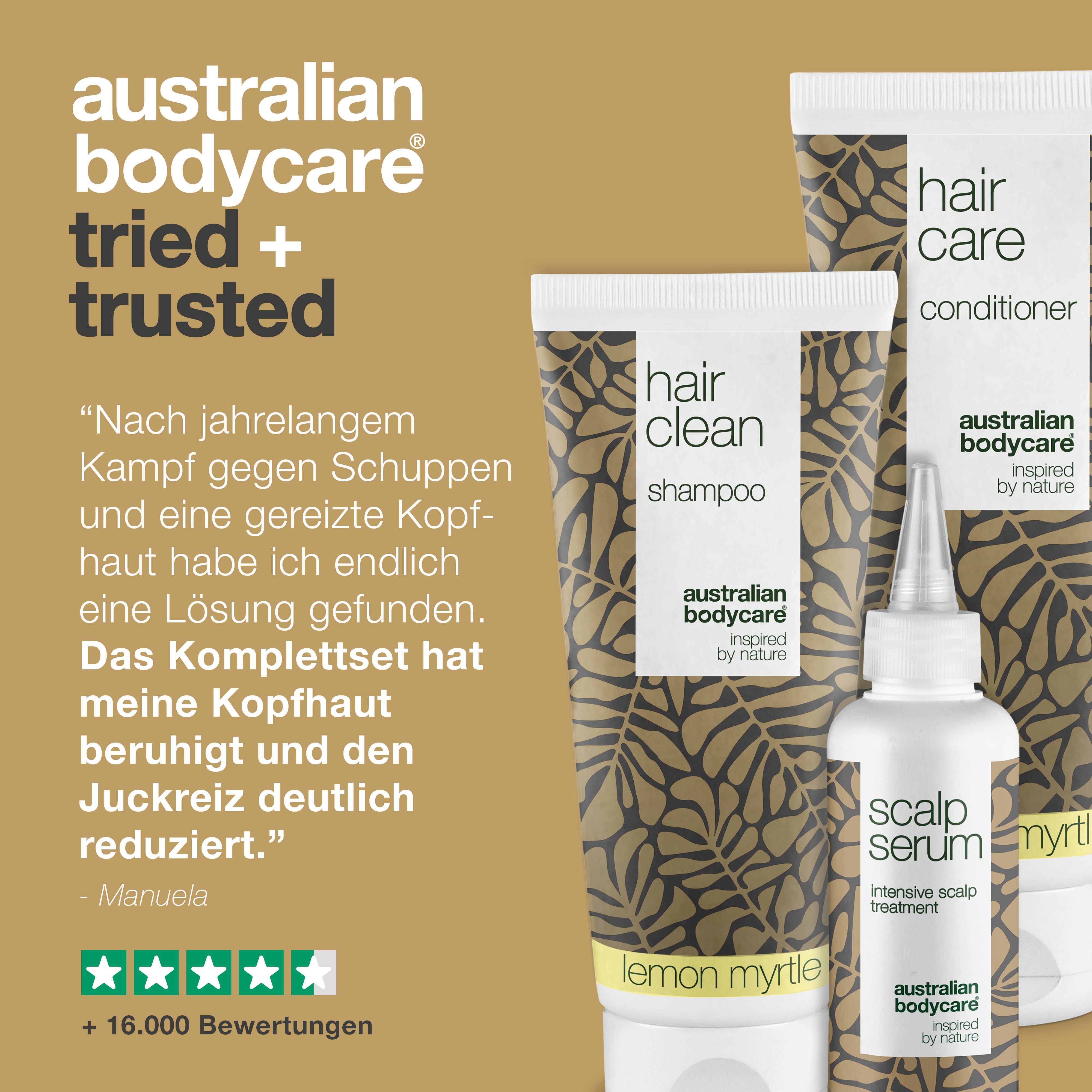 Australian Bodycare: Getestet und vertraut. Shampoo, Conditioner und Serum. Text: Erfahrungsbericht. Logo und Sternebewertung.