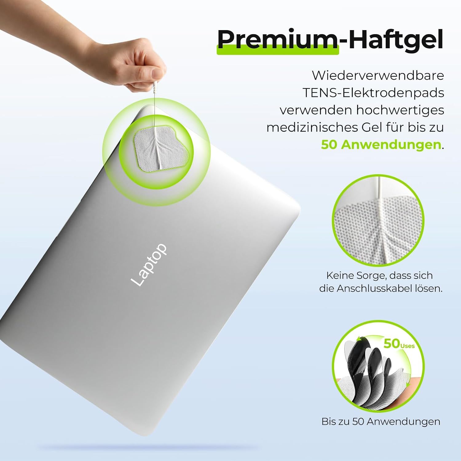 Frau mit TENS-Pads auf den Beinen, die ein Smartphone hält. Kanäle A und B mit unterschiedlichen Modi und Intensitäten.