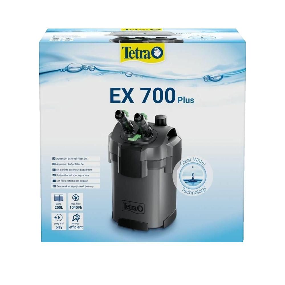 Verpackung des Aquariumfilters. Aufdruck: Produktname, Marke, Produktmerkmale und Logos. Blauer Hintergrund mit Produktabbildung.