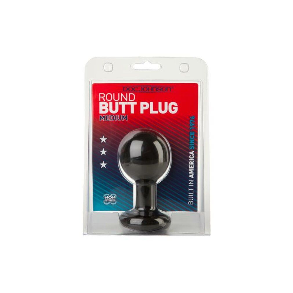 Verpackung mit schwarzem Analplug. Rote und weiße Beschriftung: 'ROUND BUTT PLUG MEDIUM'.
