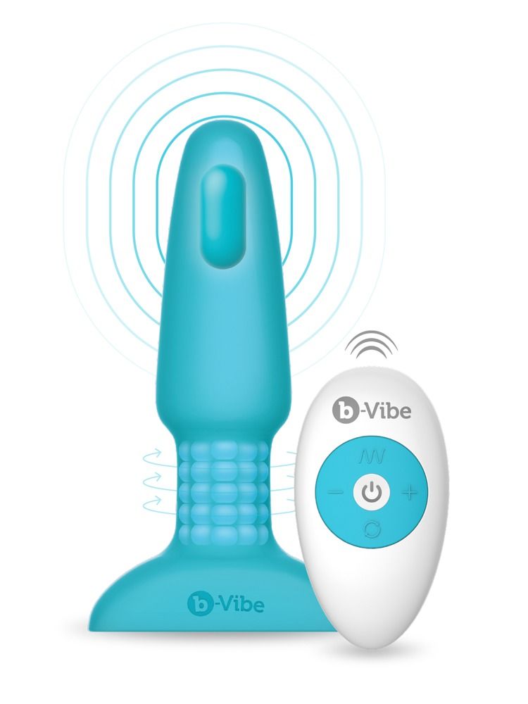Türkisfarbener Analvibrator mit Fernbedienung. B-vibe Logo. Wellen-Symbol.