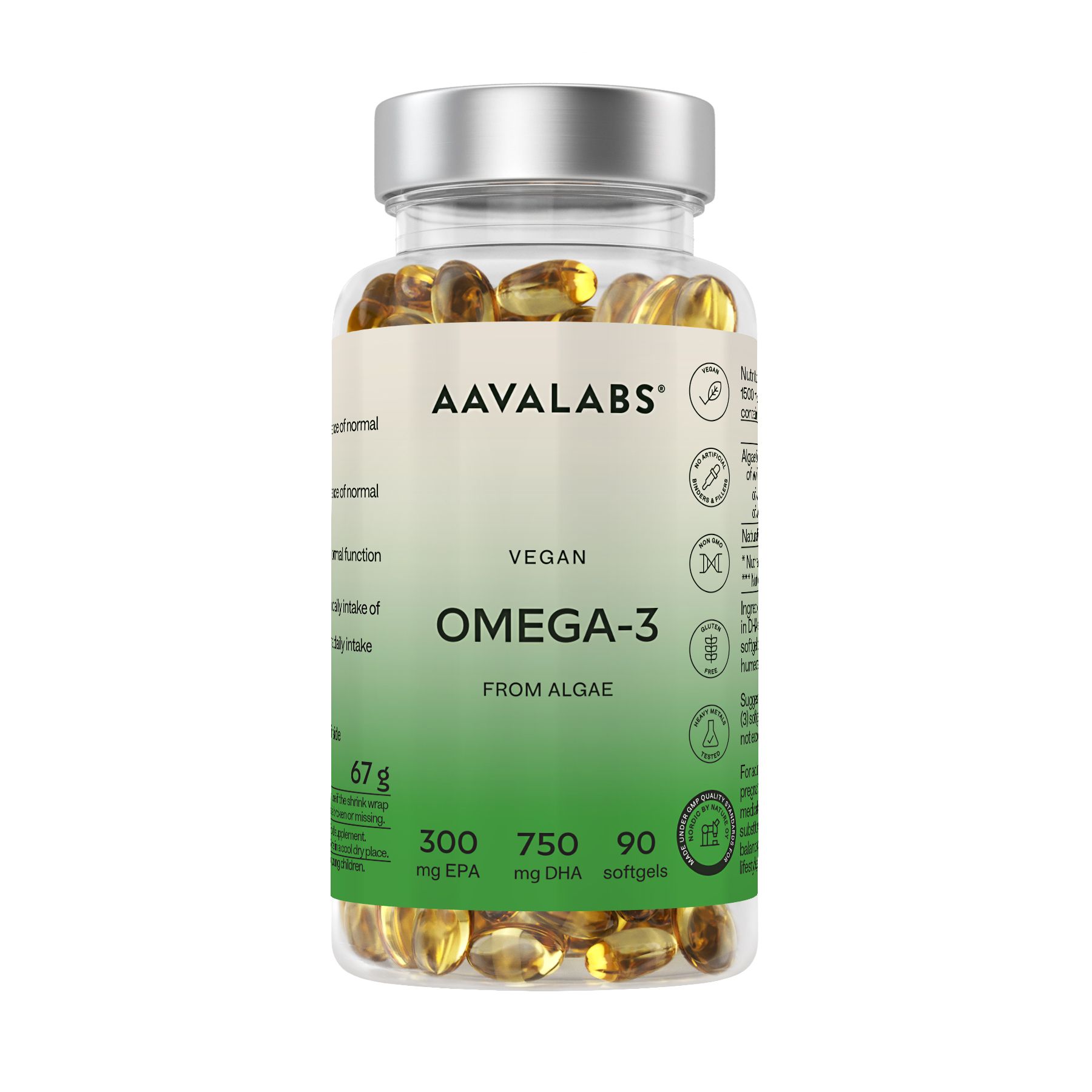 Klare Flasche mit Omega-3-Kapseln. Aufschrift: AAVALABS, Vegan, Omega-3, 300 mg EPA, 750 mg DHA, 90 Softgels.