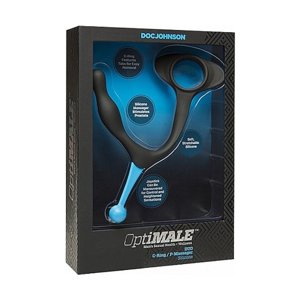 Verpackung mit einem C-Ring/P-Massager. Marke: Optimale. Schwarze und blaue Elemente, mit Produktinformationen.