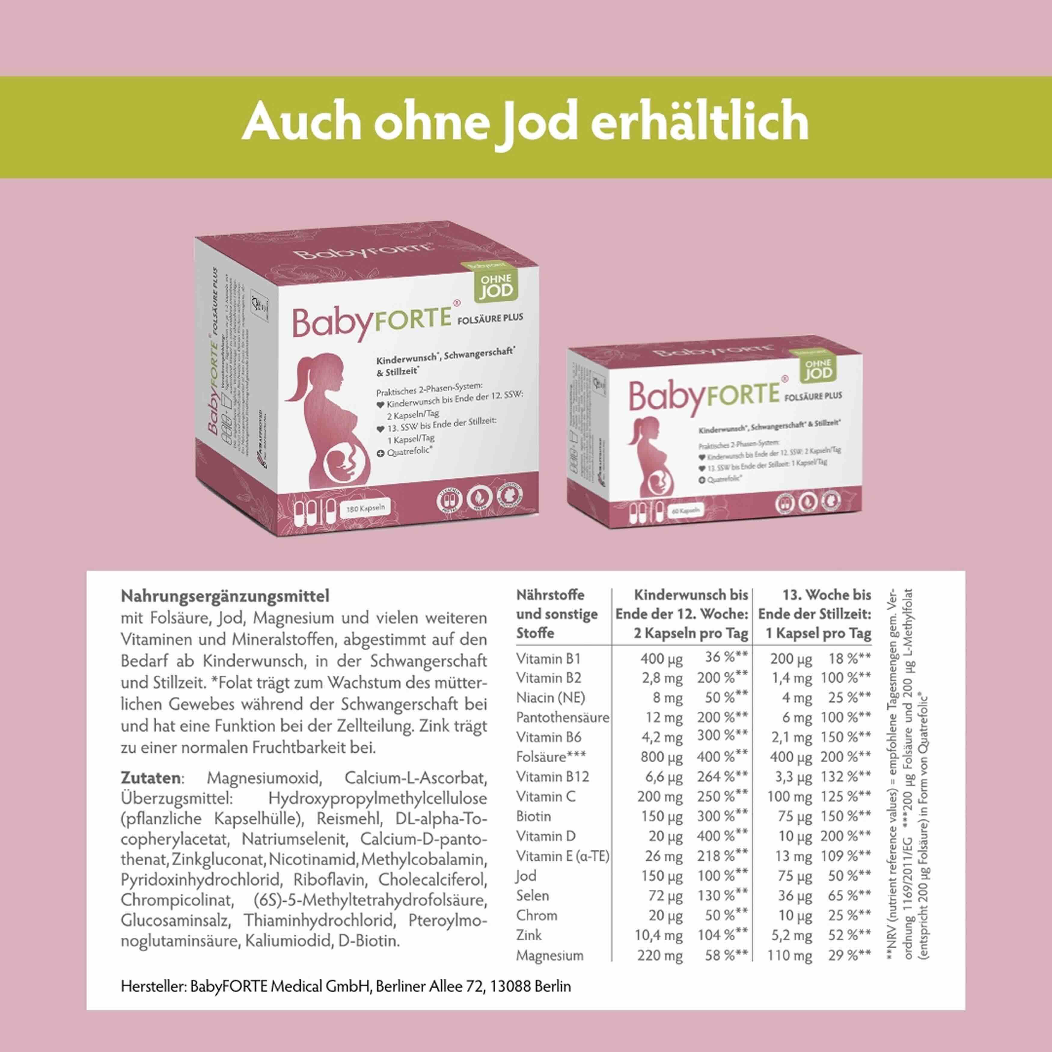 Zwei BabyFORTE-Boxen. Tabellen mit Nährwertangaben und Inhaltsstoffen. Text: Auch ohne Jod erhältlich.