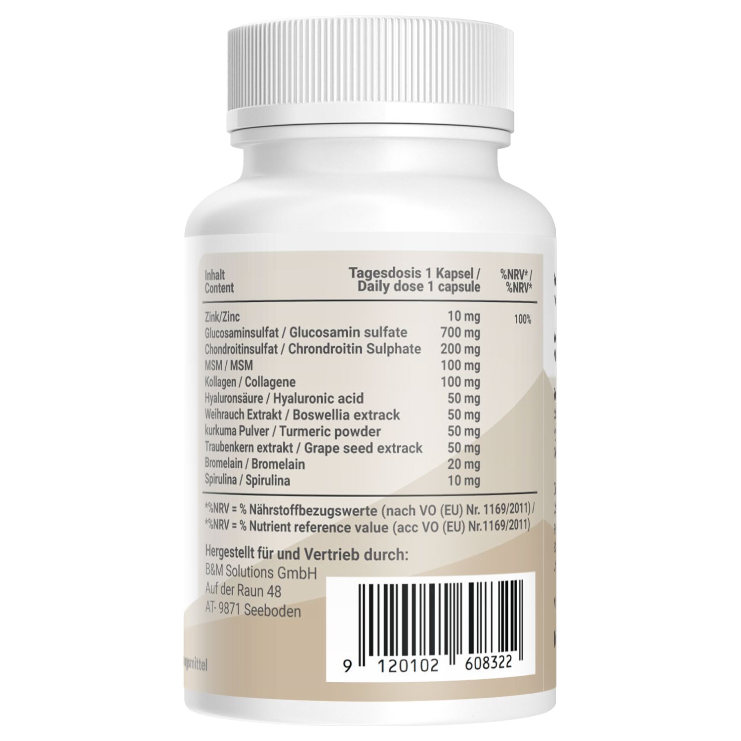 Rückseite einer weißen Flasche. Text: Tagesdosis, Inhaltsstoffe, Nährwertangaben, Herstellerinformationen.