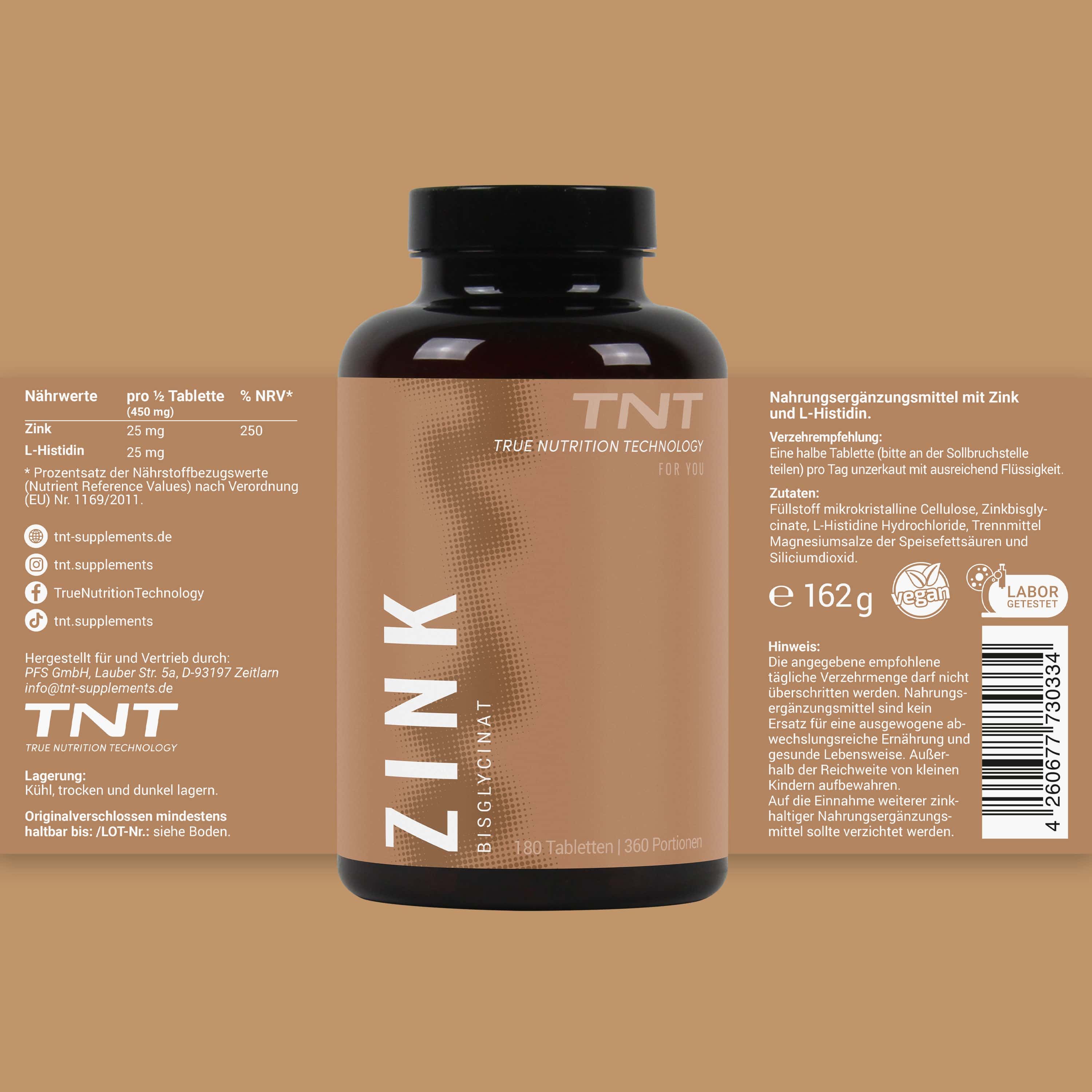 Braune Flasche mit schwarzem Deckel. Aufschrift ZINK und Bisglycinat. Text und Nährwertangaben.