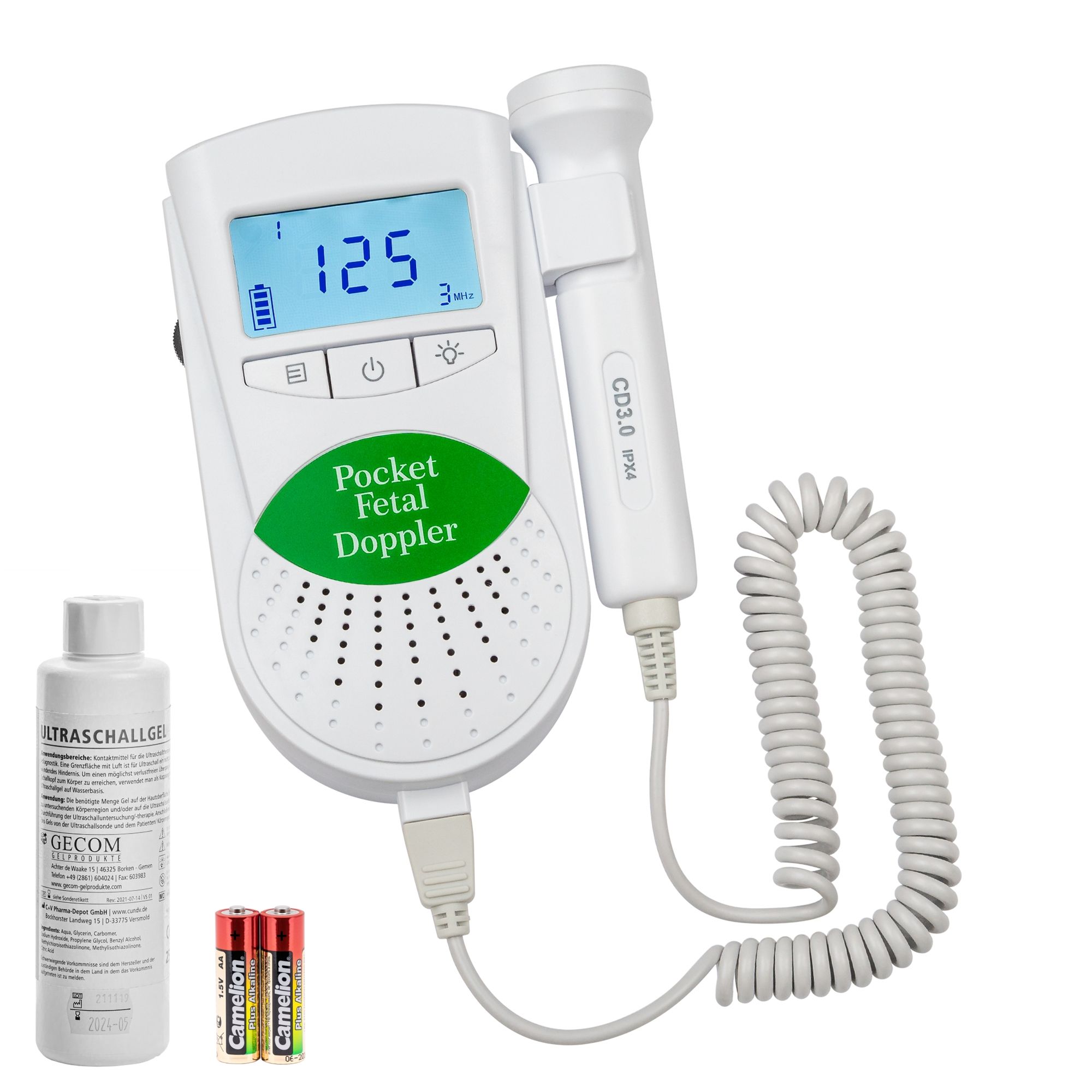 Weißes Pocket Fetal Doppler-Gerät mit Sonde, Display, Ultraschallgel und Batterien. Auf dem Display steht 125.