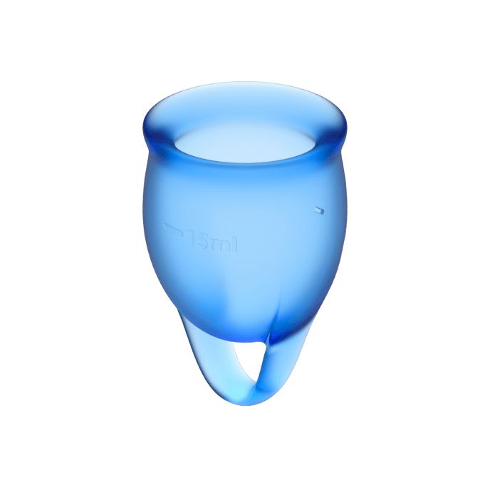Blaue Menstruationstasse mit Ring. Fassungsvermögen: 15ml.