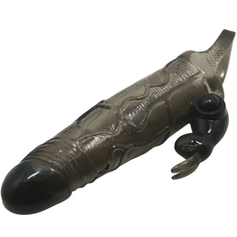 Penishülle mit Rabbit-Vibrator, transparent-schwarz. Mit Vibrationsfunktion und Ring. Schräge Ansicht.