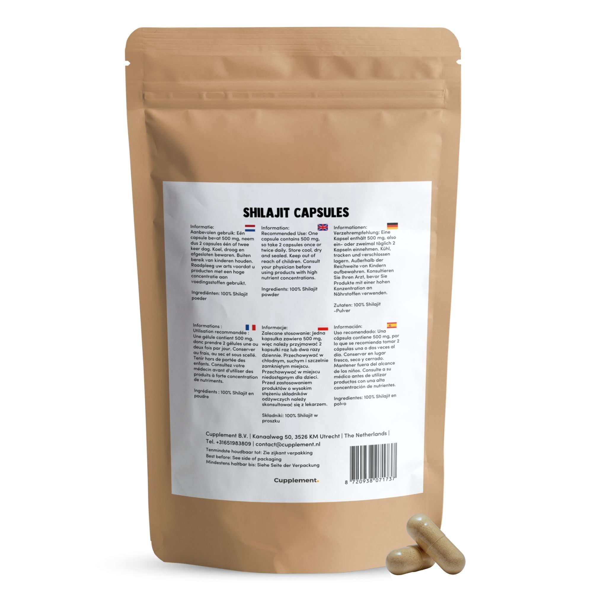 Rückseite der Shilajit-Kapsel-Verpackung. Mehrsprachige Informationen. 60 Kapseln. Vegan.