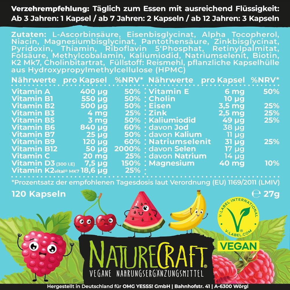 Rückseite der NatureCraft Vegan Kids Multivitamin-Verpackung mit Nährwertangaben.