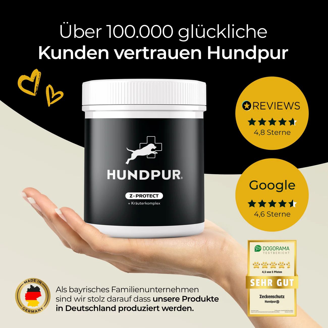 Schwarze Dose mit weißem Deckel. Aufschrift: HUNDPUR Z-PROTECT. Logo: Hund mit Kreuz. Hand hält Dose. Bewertungen.