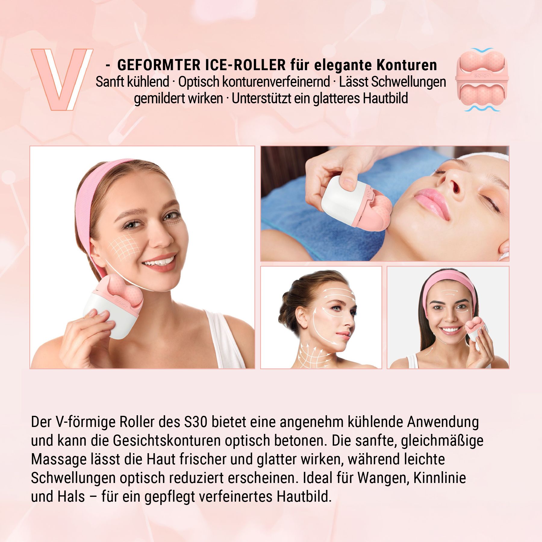 Frauen verwenden Eisroller. Aufschrift: SOICY. V-förmiger Rollkopf. Gesichtskonturen.