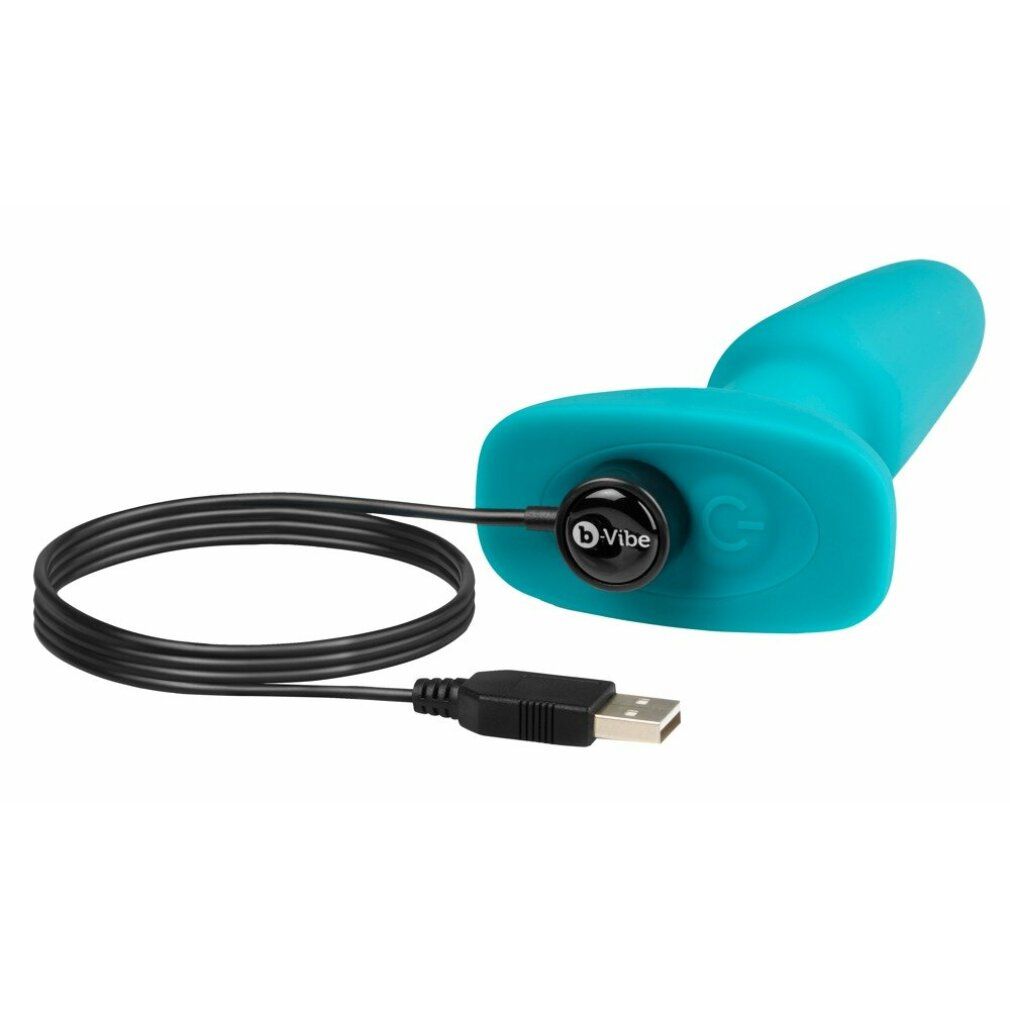 Türkisfarbener Analvibrator mit USB-Ladekabel. B-vibe Logo.