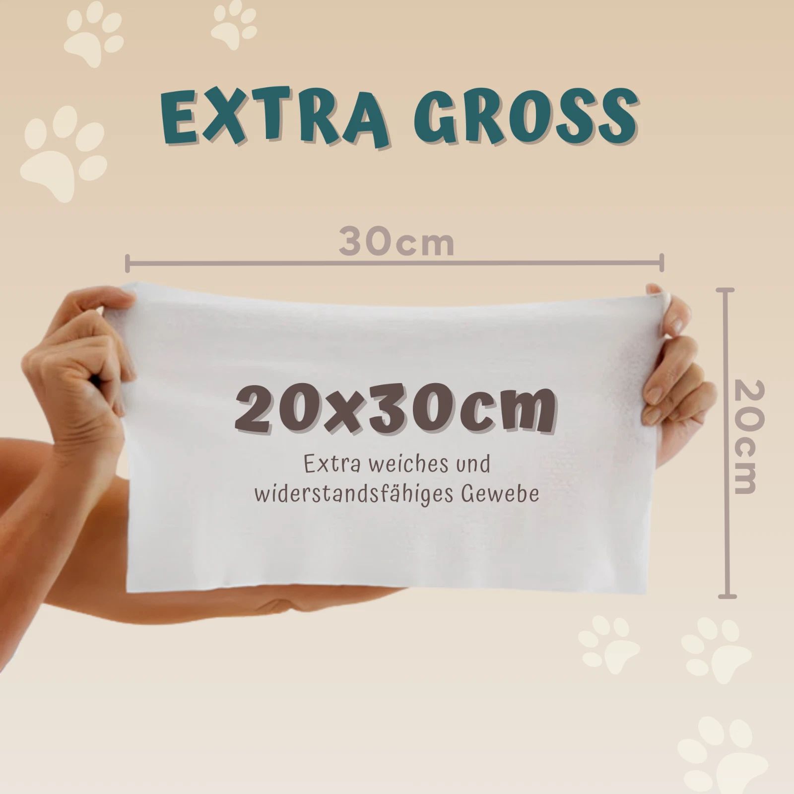 Weiches Reinigungstuch, 20x30cm, für Tiere. Text: Extra weiches und widerstandsfähiges Gewebe. Abmessungen deutlich sichtbar.