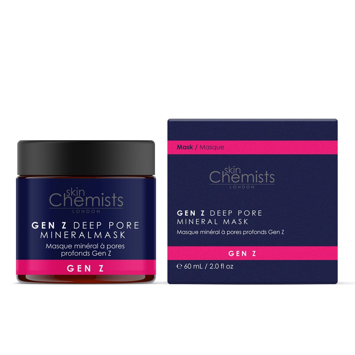 Tiegel und Schachtel. Aufschrift: skinChemists, GEN Z DEEP PORE MINERAL MASK. Rosa Streifen. Schachtel: 60 ml/2.0 fl oz.