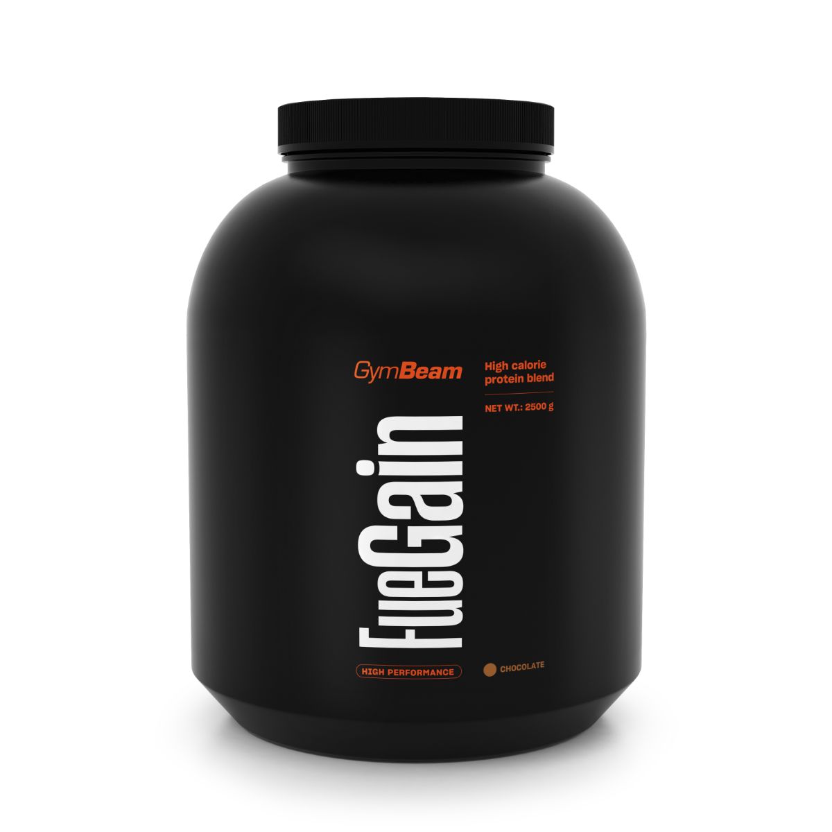 Schwarzer Behälter mit GymBeam FueGain Aufschrift, High Calorie Protein Blend.