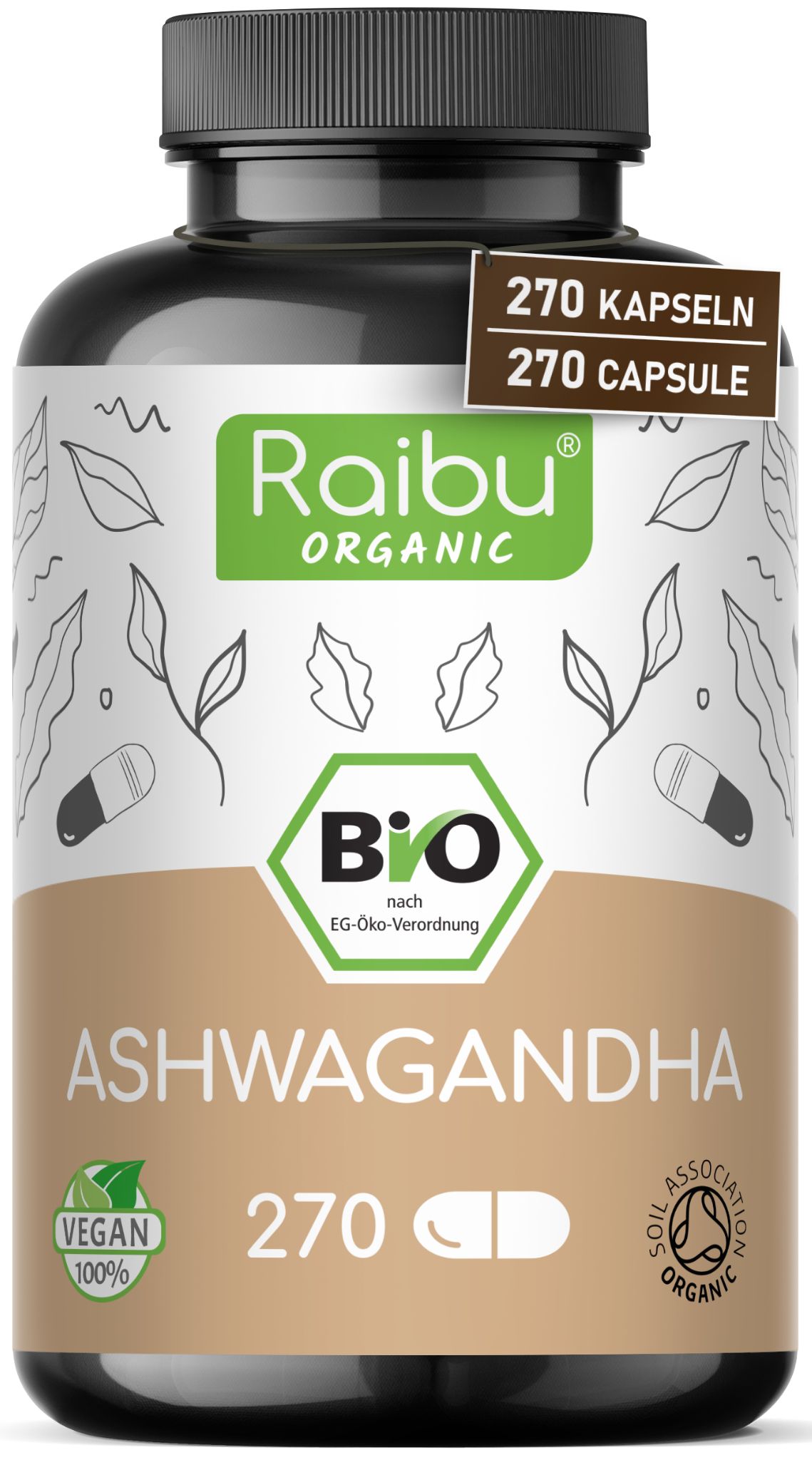 Raibu Bio Ashwagandha Kapseln Flasche mit 270 Kapseln und Bio-Siegel.