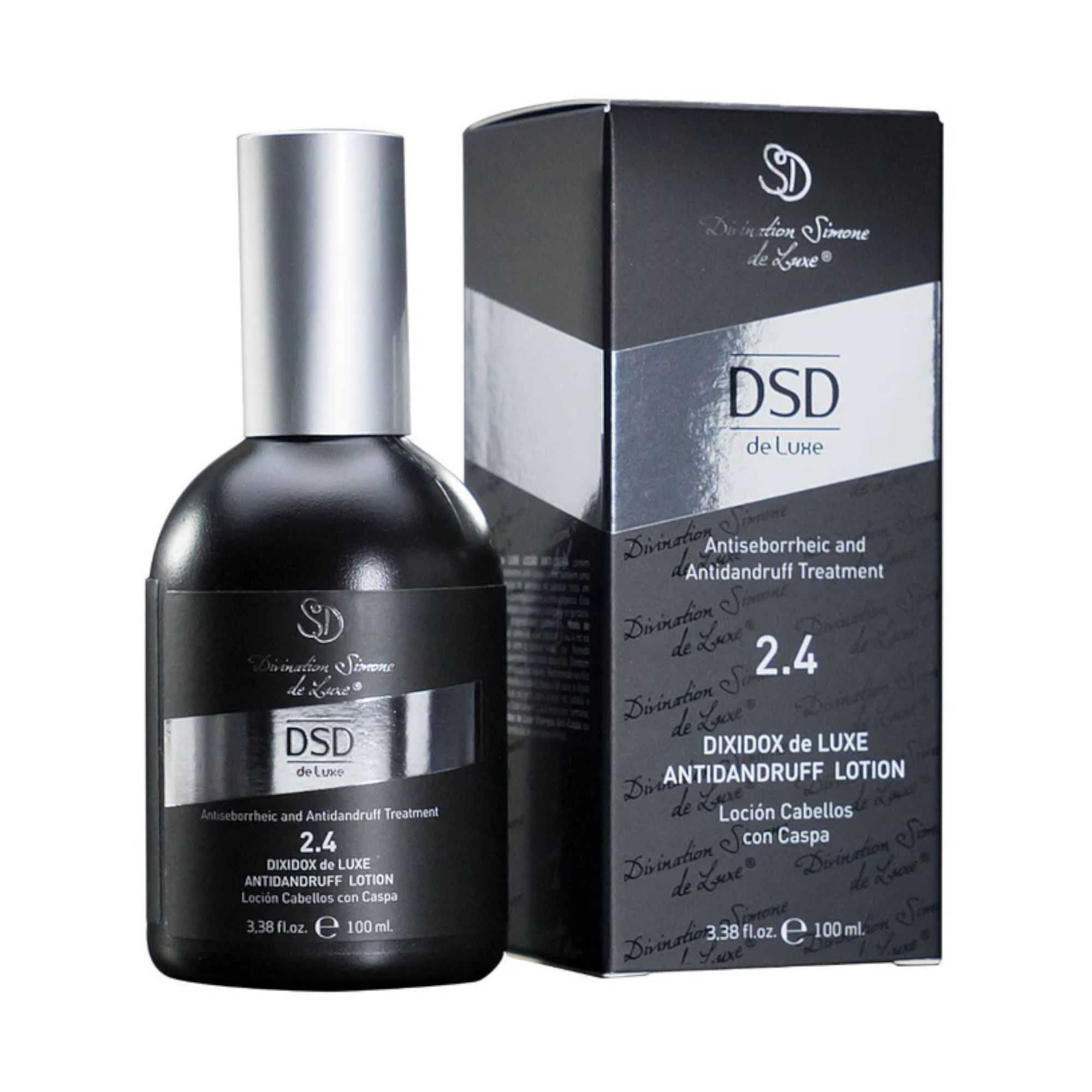 Schwarze Flasche und Schachtel. Aufschrift: DSD de Luxe 2.4 Antidandruff Lotion. Silberne Kappe.