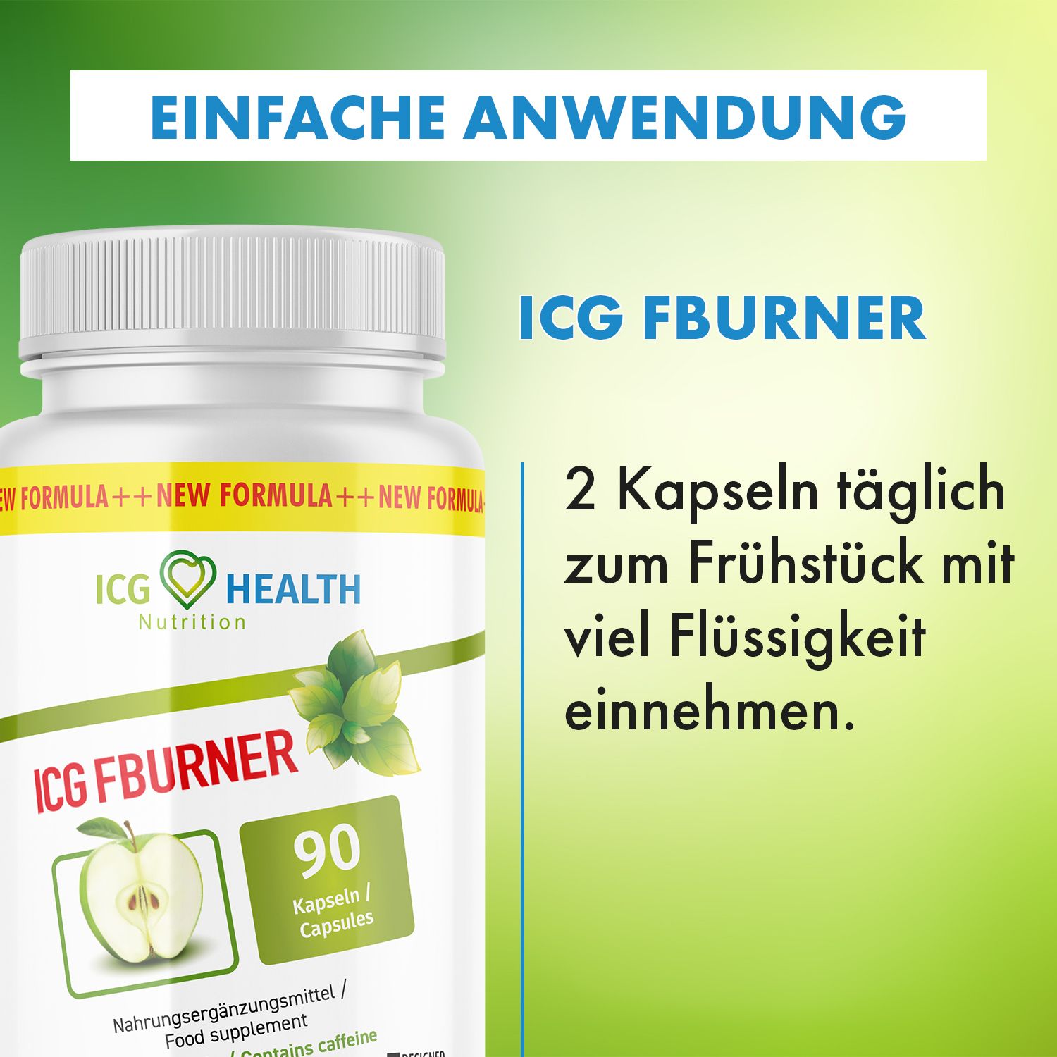 ICG Fatburner Dose mit 90 Kapseln, mit Anwendungshinweis.