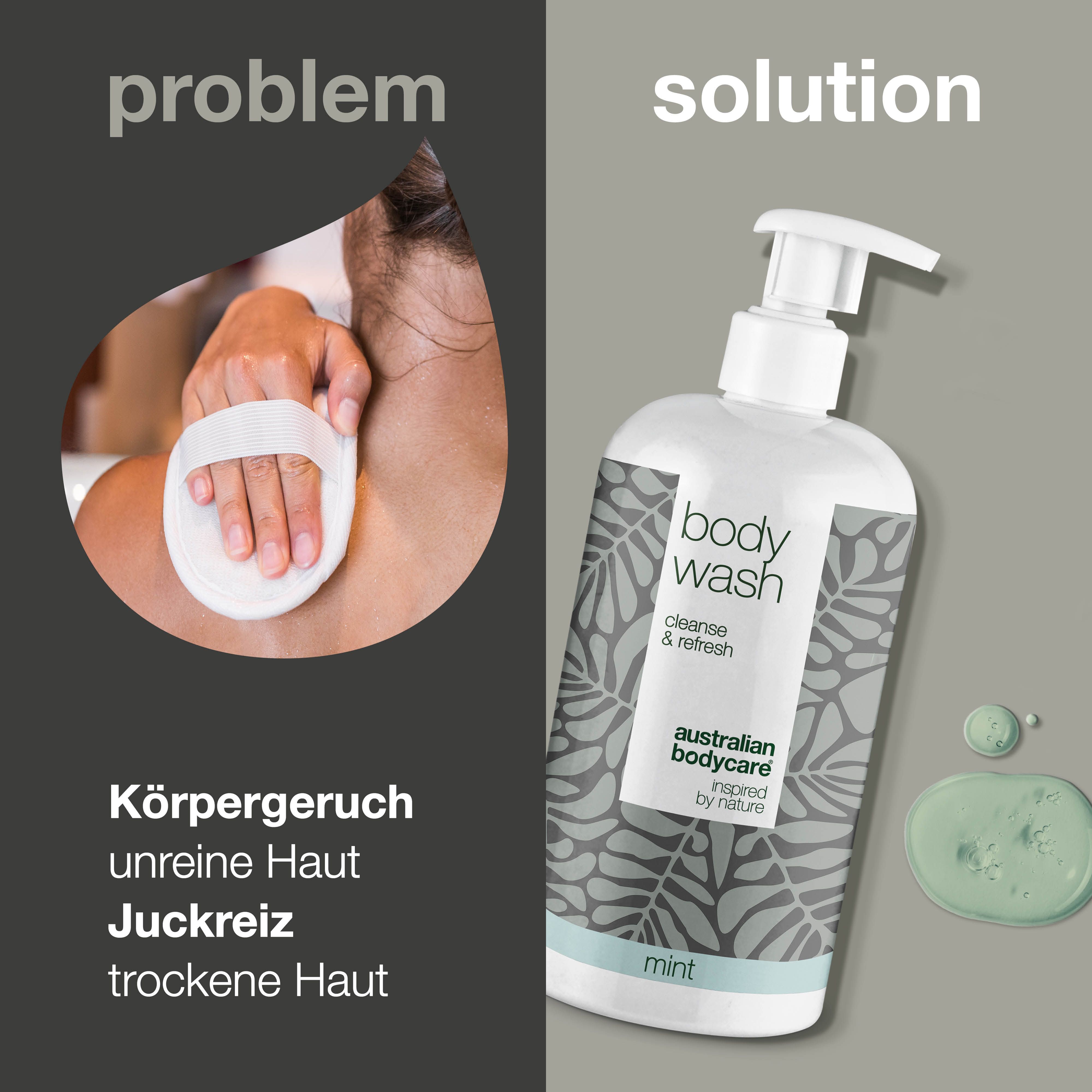 Body Wash Flasche mit Pumpverschluss. Aufschrift: Body Wash, cleanse & refresh, Australian Bodycare, mint. Daneben grüne Tropfen.