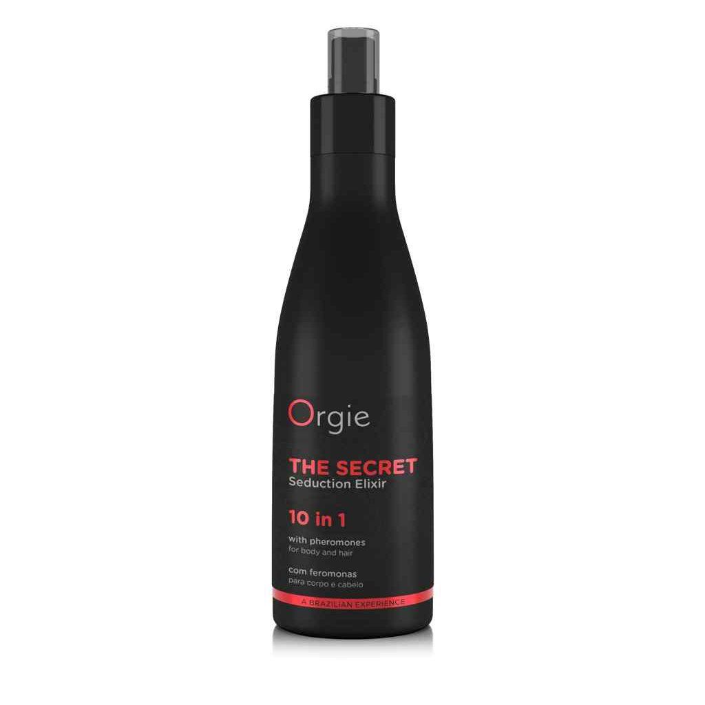 Schwarze Flasche mit Sprühkopf. Produktname: Orgie - The Secret Seduction Elixir. Text: 10 in 1, mit Pheromonen, für Körper und Haar.
