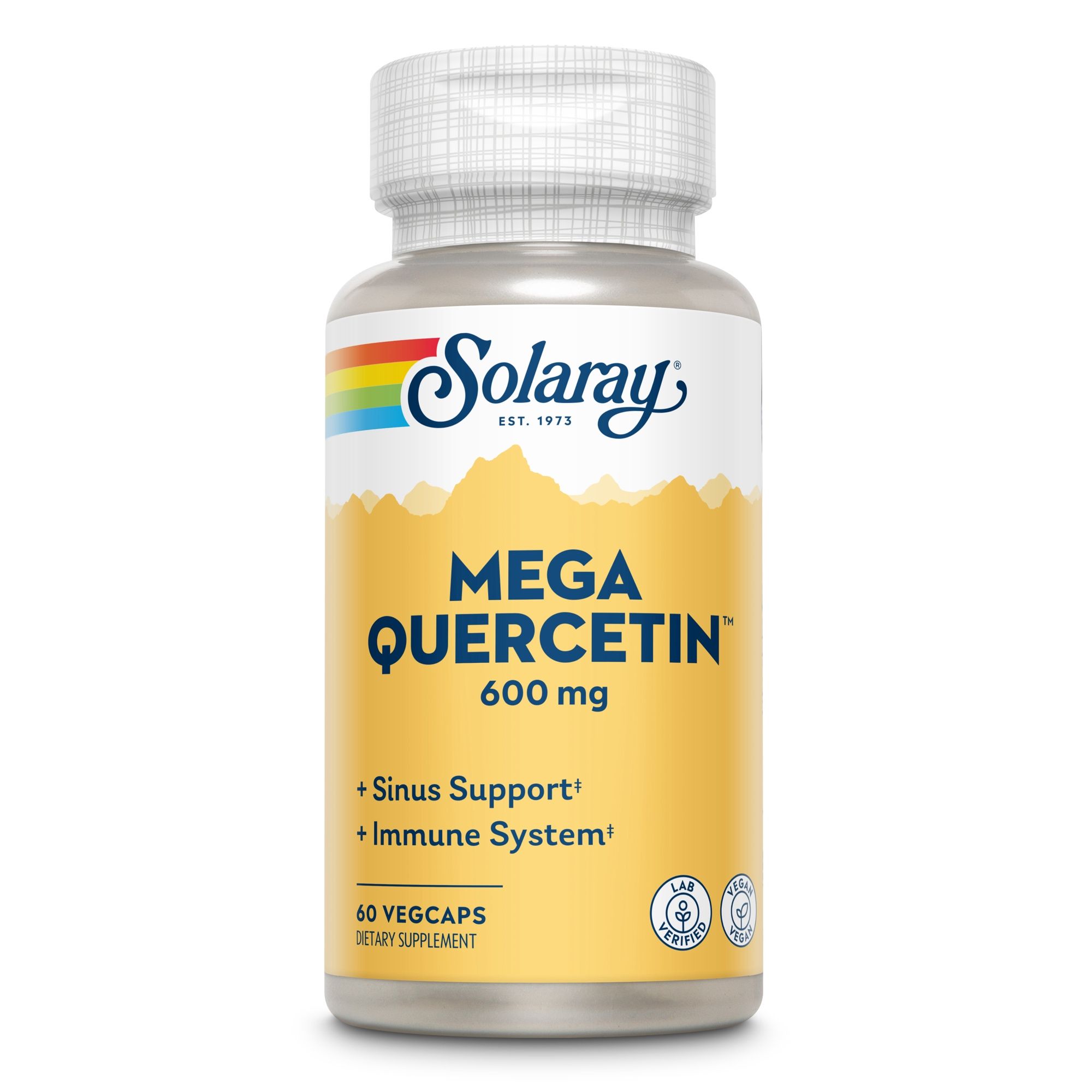 Solaray Mega-Quercetin-Flasche. 60 Vegicaps. Text: 600 mg, Sinus Support, Immune System, Lab Tested.