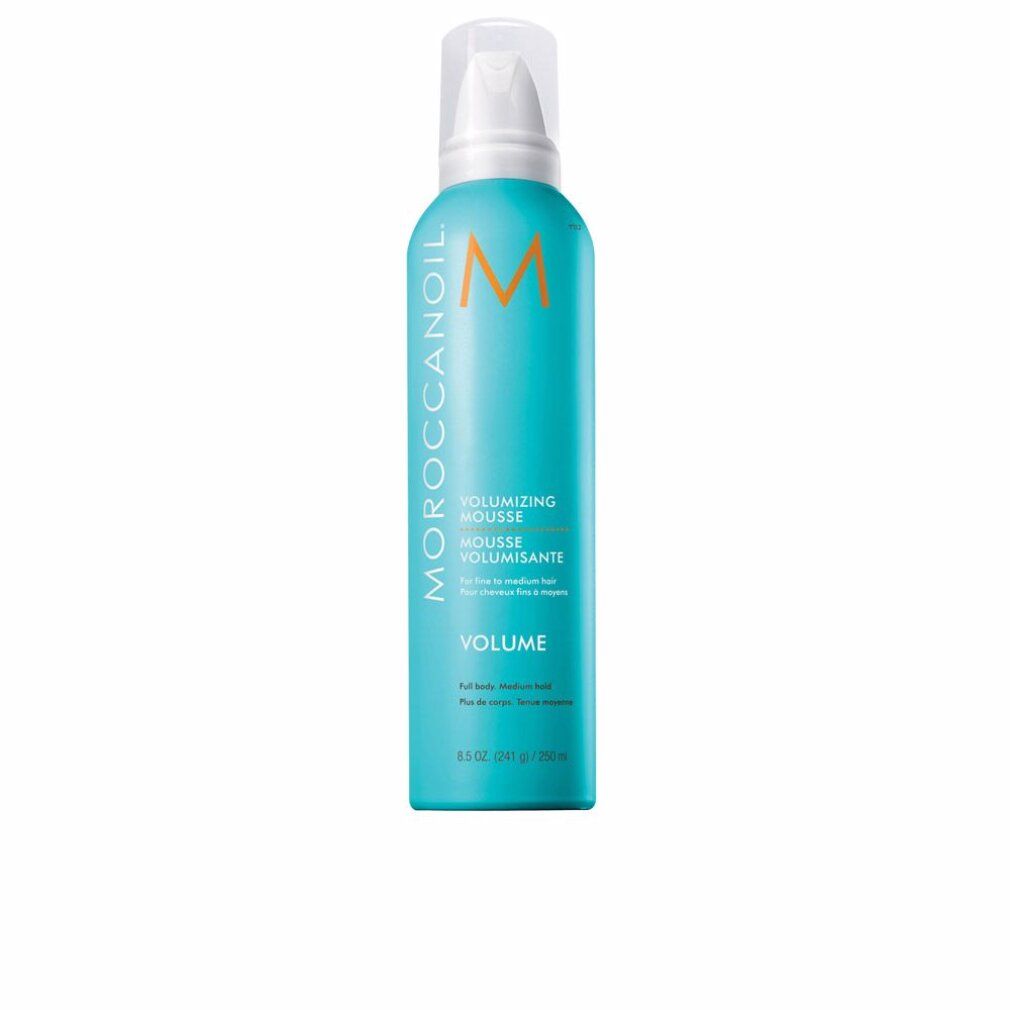 Türkisfarbene Flasche mit weißem Sprühkopf. Aufschrift: Moroccanoil, Volume Volumizing Mousse. 250 ml.