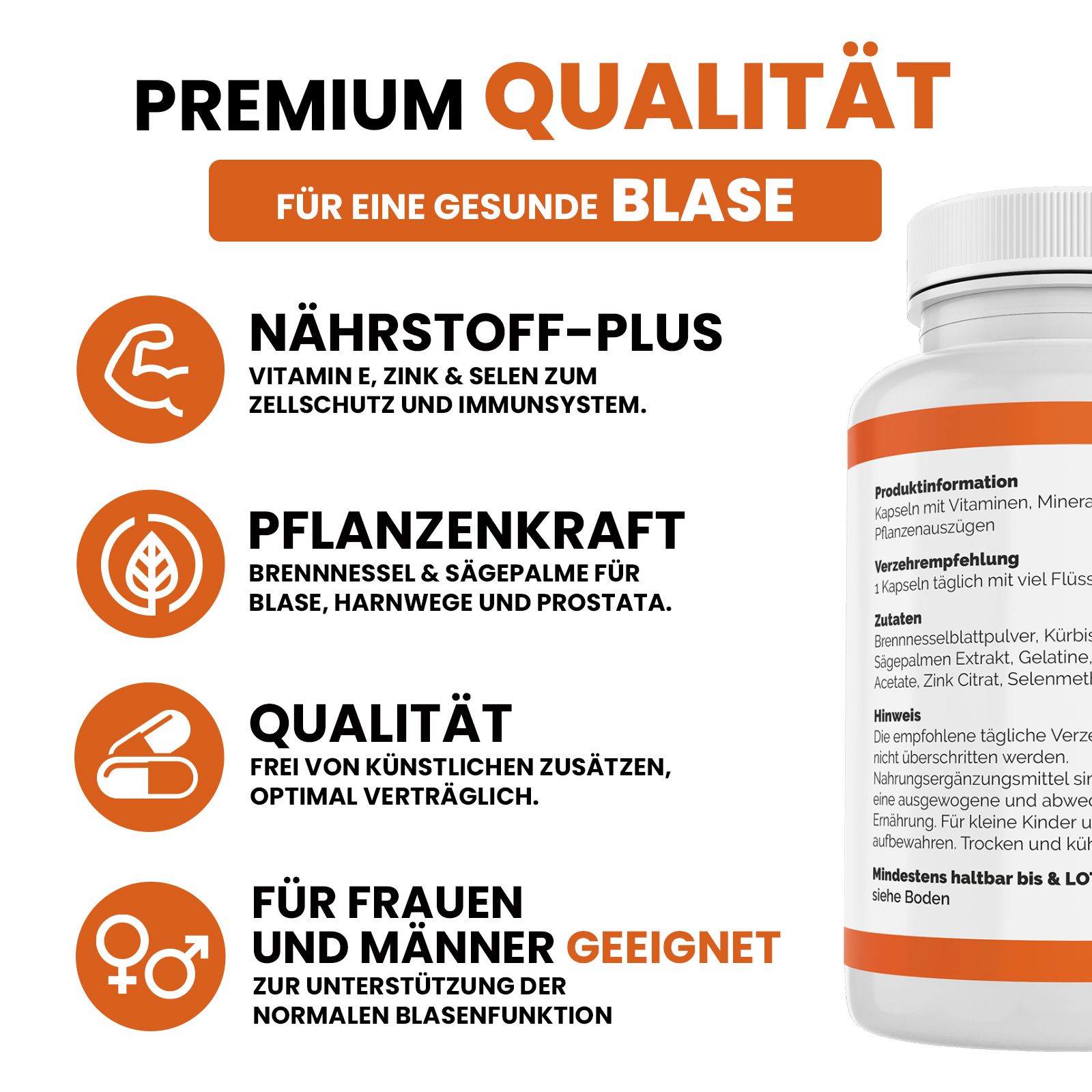Weiße Flasche mit Text. Text: Premium Qualität, für eine gesunde Blase. Enthält Vitamin E, Zink, Selen.