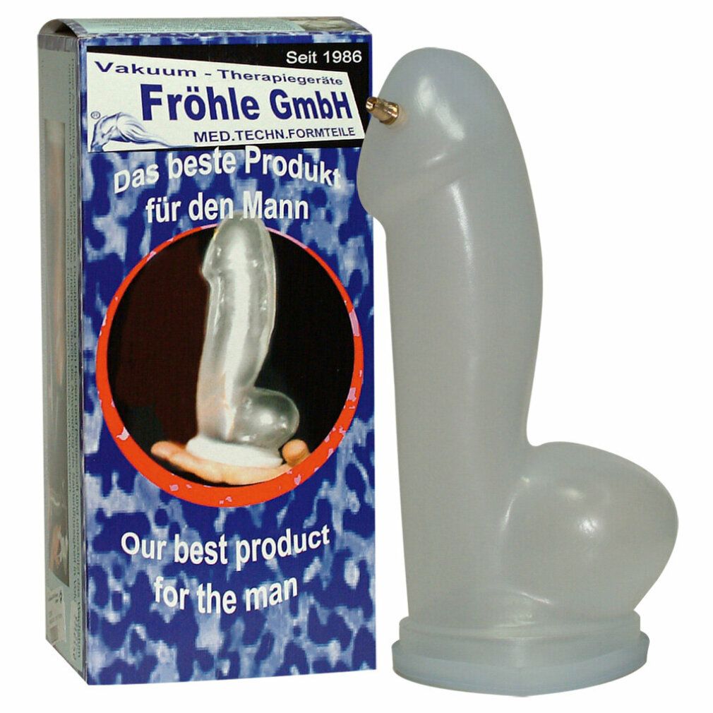 Produkt und Verpackung. PenisZylinder XL neben Box. Box mit Logo, Text und Produktabbildung. Transparentes Material.