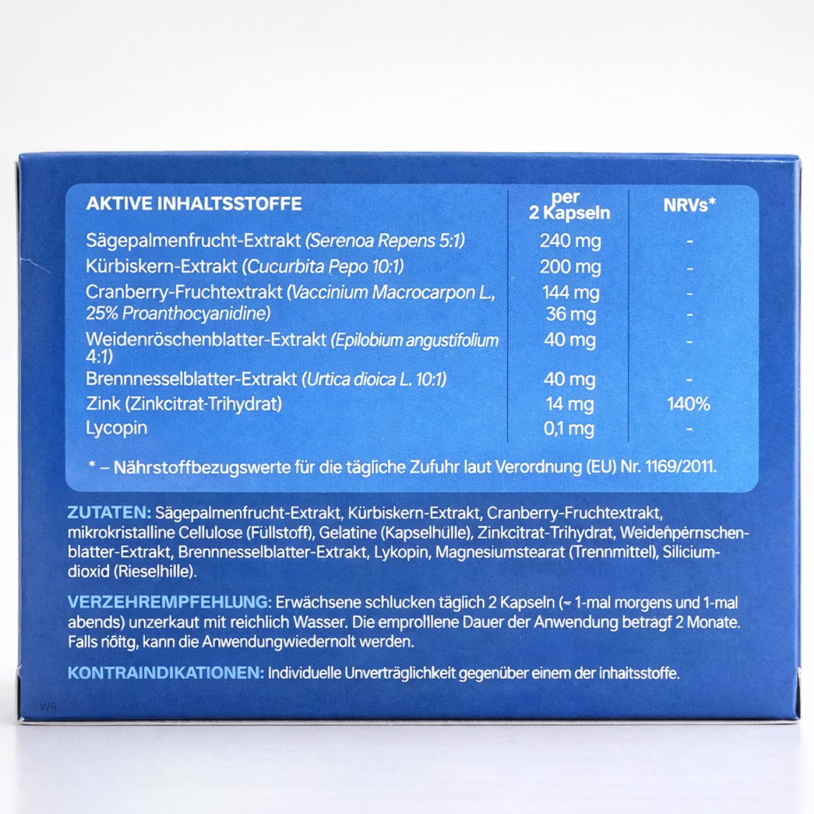 Rückseite der Urostal Kapseln-Verpackung. Enthält Informationen zu Inhaltsstoffen und Dosierung. Blaue Schrift auf weißem Grund.