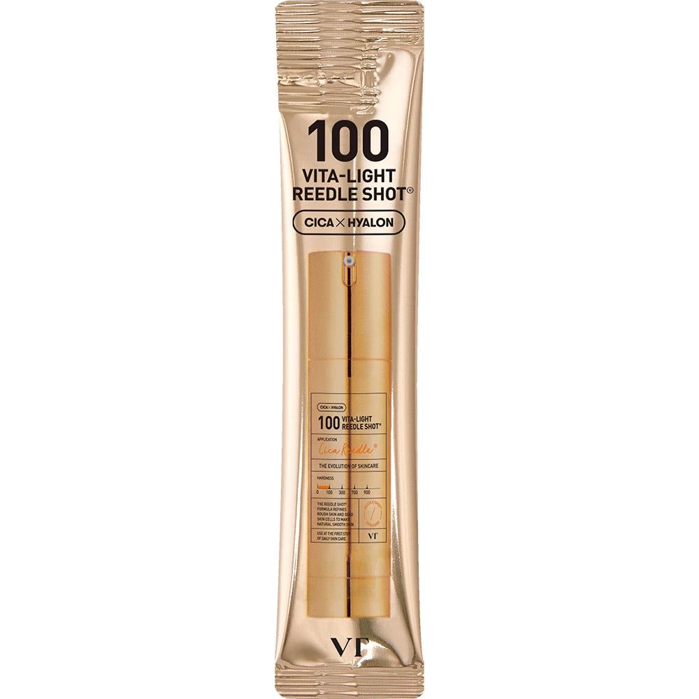 Einzelne Ampulle des VT COSMETICS 100 Vita-Light Reedle Shot mit goldener Folienverpackung.
