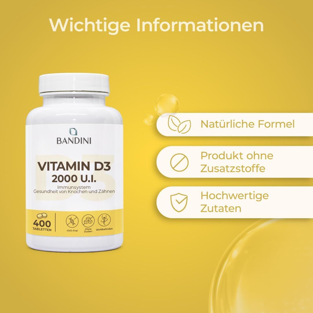 Flasche Bandini Vitamin D3 2000 I.U. mit 400 Tabletten. Natürliche Formel, ohne Zusatzstoffe, hochwertige Zutaten.