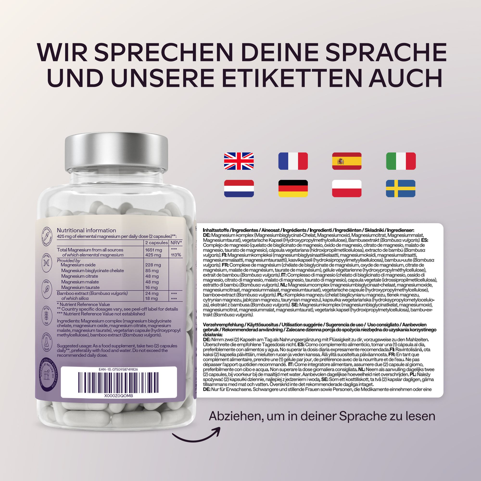 Aavalabs Magnesium Komplex Flasche mit mehrsprachigen Etiketten.