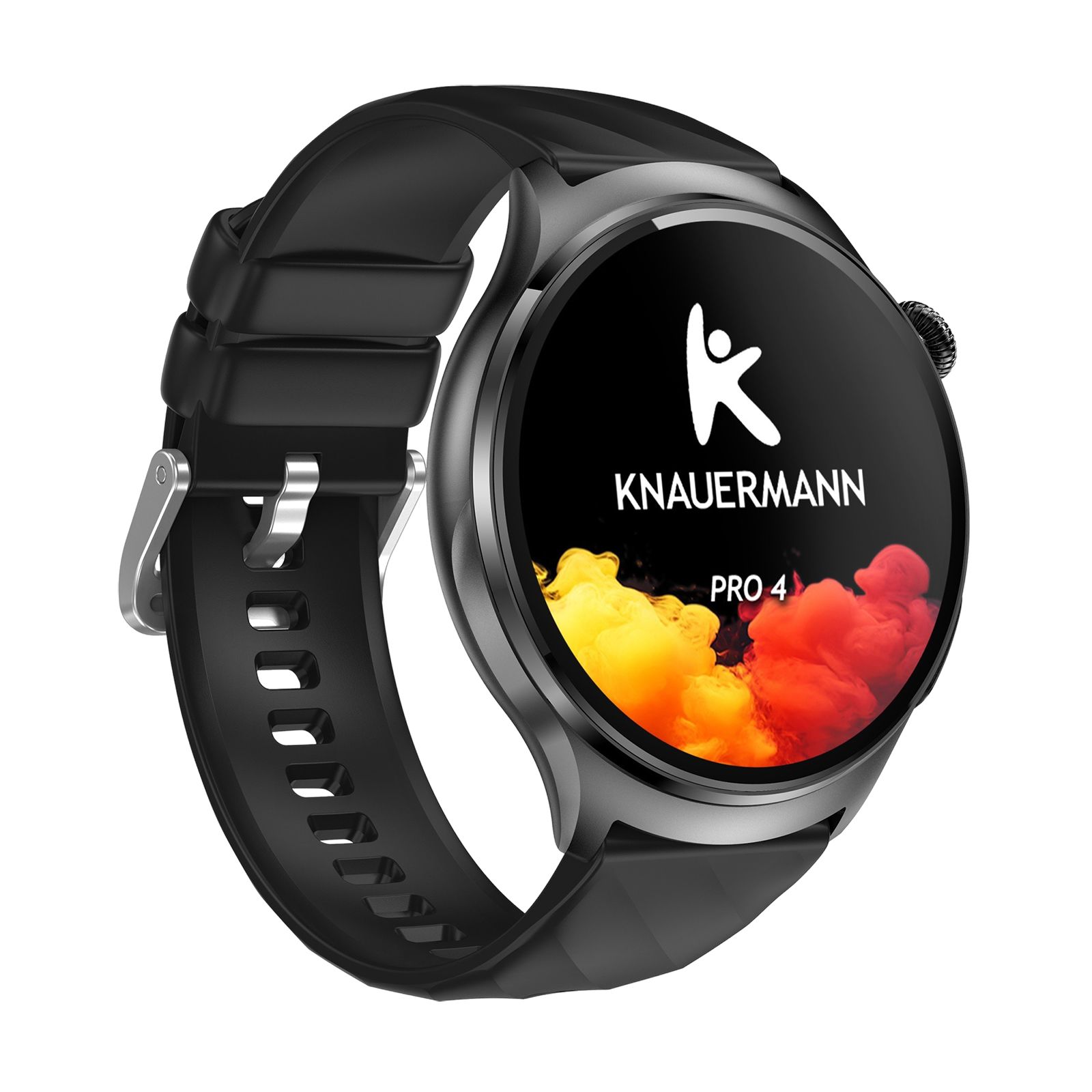 Schwarze Knauermann PRO 4 Smartwatch mit rundem Zifferblatt. Sichtbar: Logo, PRO 4, farbiger Hintergrund, schwarzes Armband.
