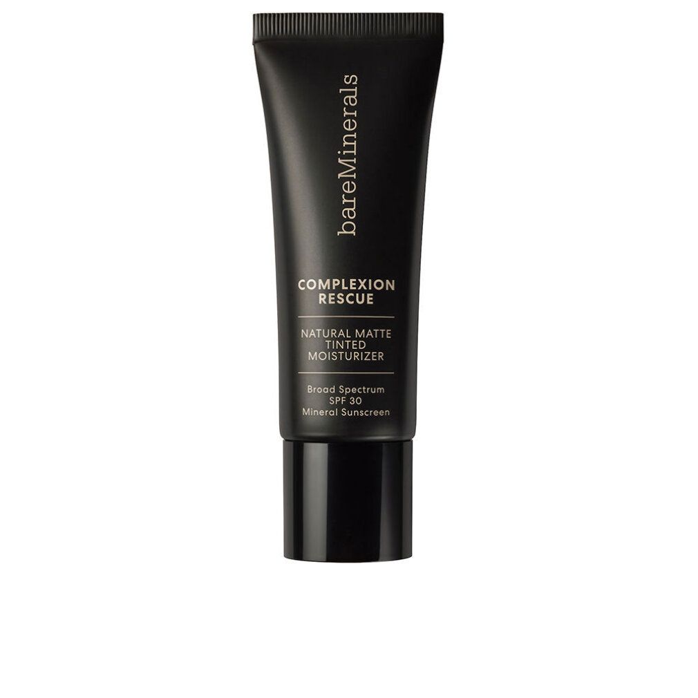 Schwarze Tube mit Produktinformationen. Text: bareMinerals, COMPLEXION RESCUE, NATURAL MATTE, TINTED MOISTURIZER, SPF 30.