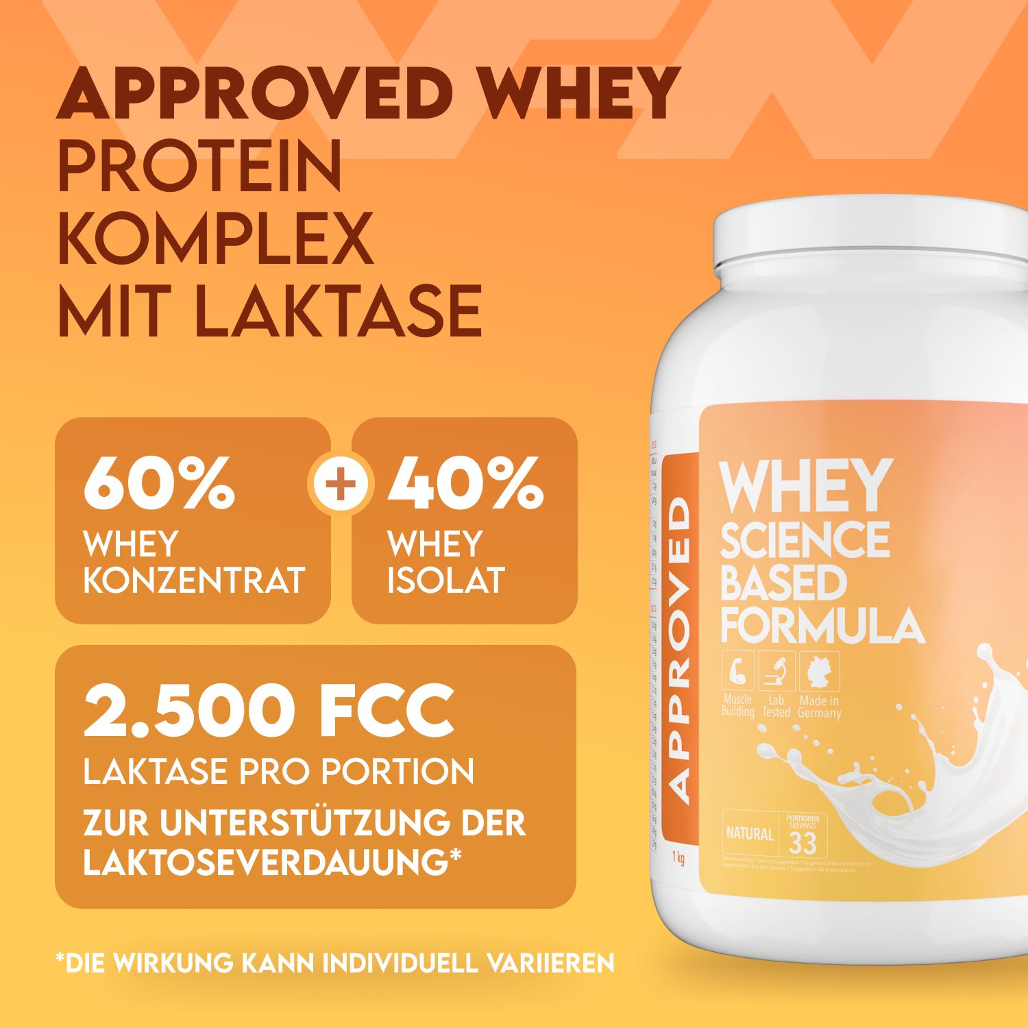 Weiße Dose mit Aufschrift "WHEY SCIENCE BASED FORMULA". Enthält 60% Whey Konzentrat und 40% Whey Isolat. Mit Laktase.
