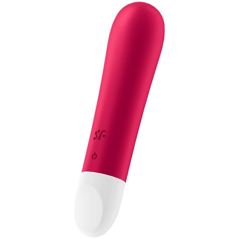 Roter Vibrator mit weißer Spitze. Mit Logo und Ein-/Ausschalter. Glatte Oberfläche.