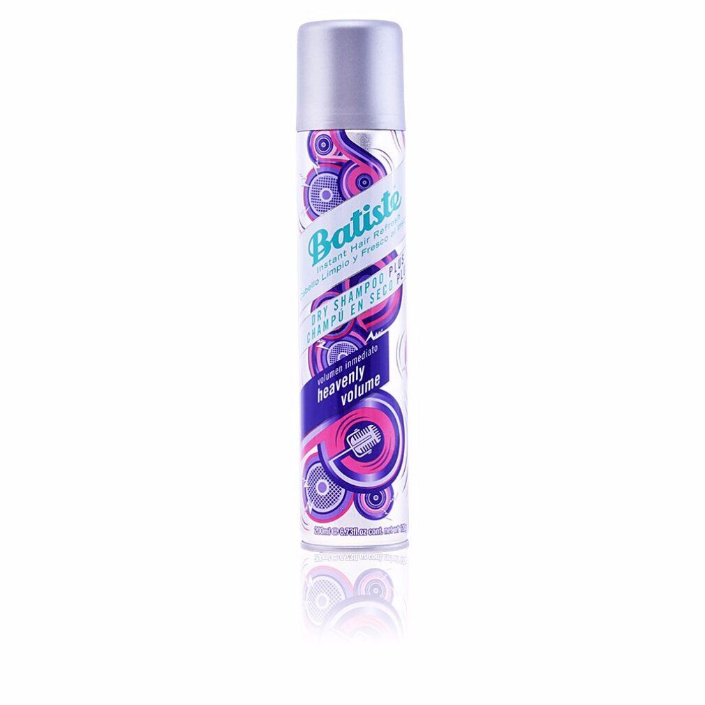 Trockenshampoo-Spraydose. Design mit lila Kreisen und Text: "Batiste", "Heavenly Volume". Silberner Deckel.
