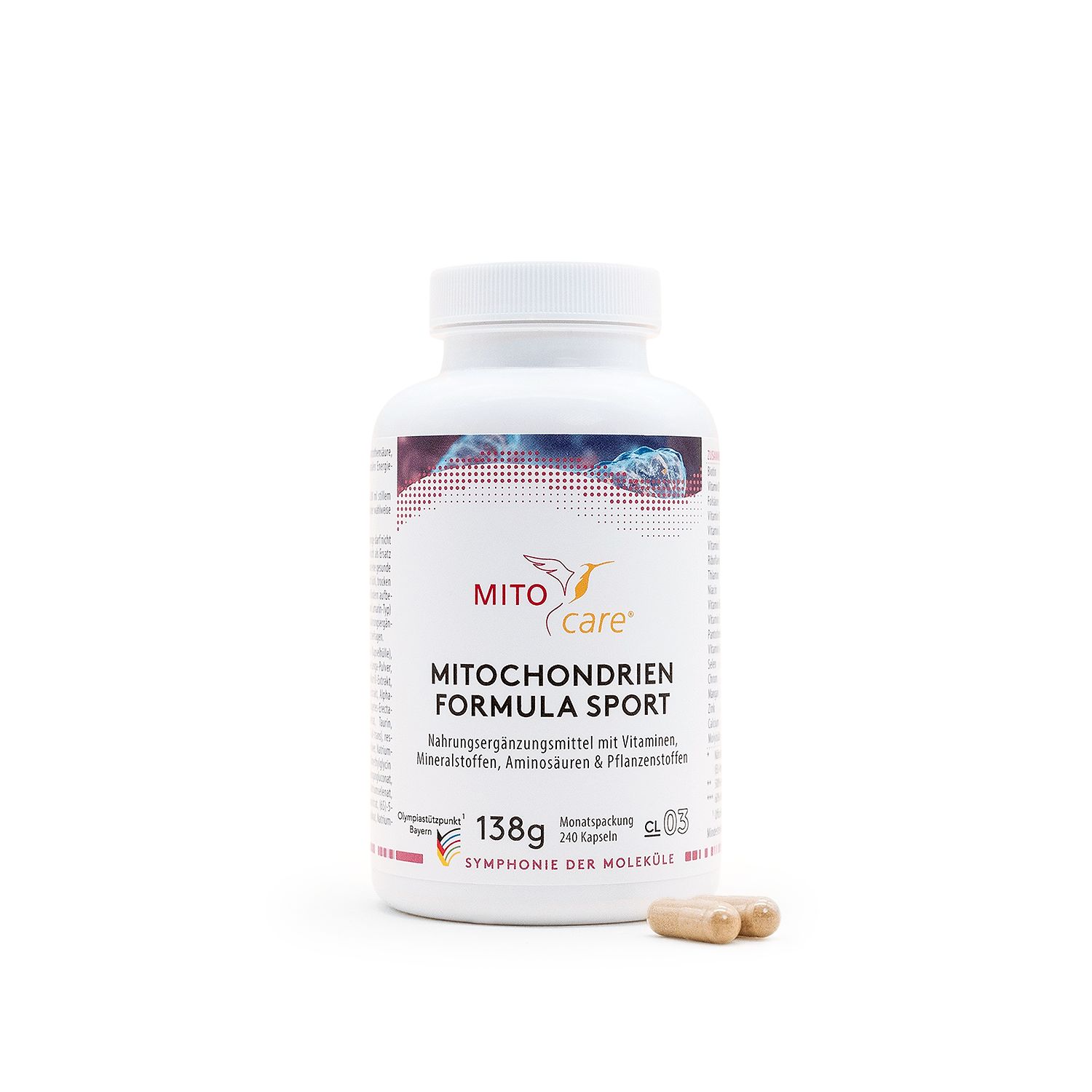 Weiße Dose mit Kapseln, Vorderseite mit Produktnamen 'MITOcare Mitochondrien Formula Sport' und Inhaltsangabe.