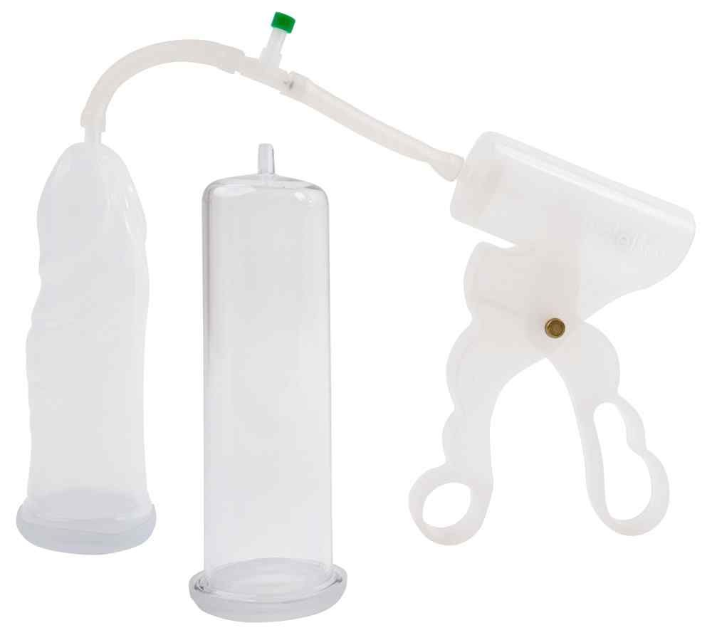 Fröhle PP021 Penispumpen-Set Duo Extr: Pumpe mit Griff, Schlauch, zwei transparente Zylinder unterschiedlicher Größe.