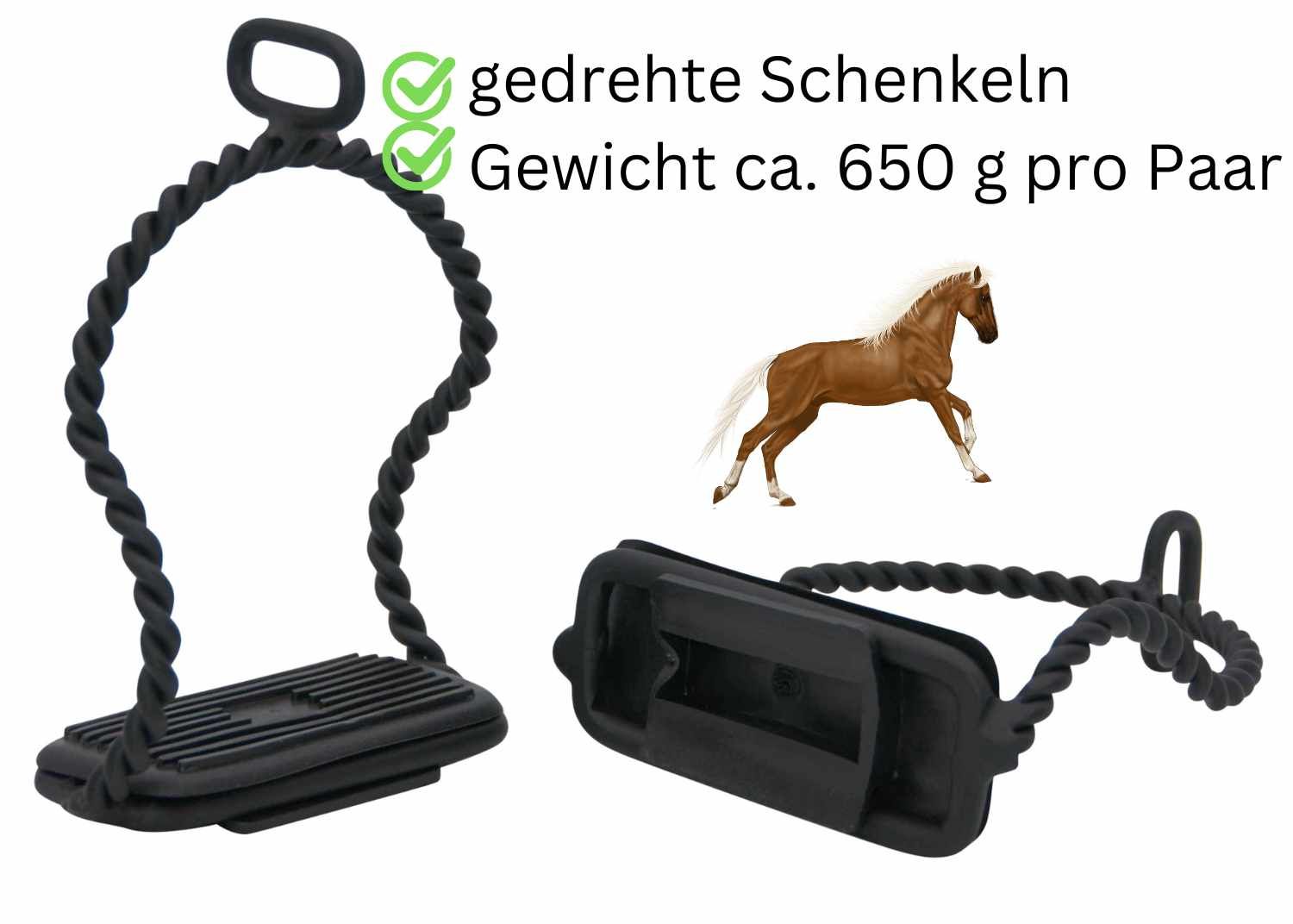 Zwei schwarze Steigbügel mit verdrehten Bügeln und rechteckigen Trittflächen. Text: gedrehte Schenkeln, Gewicht ca. 650 g pro Paar.