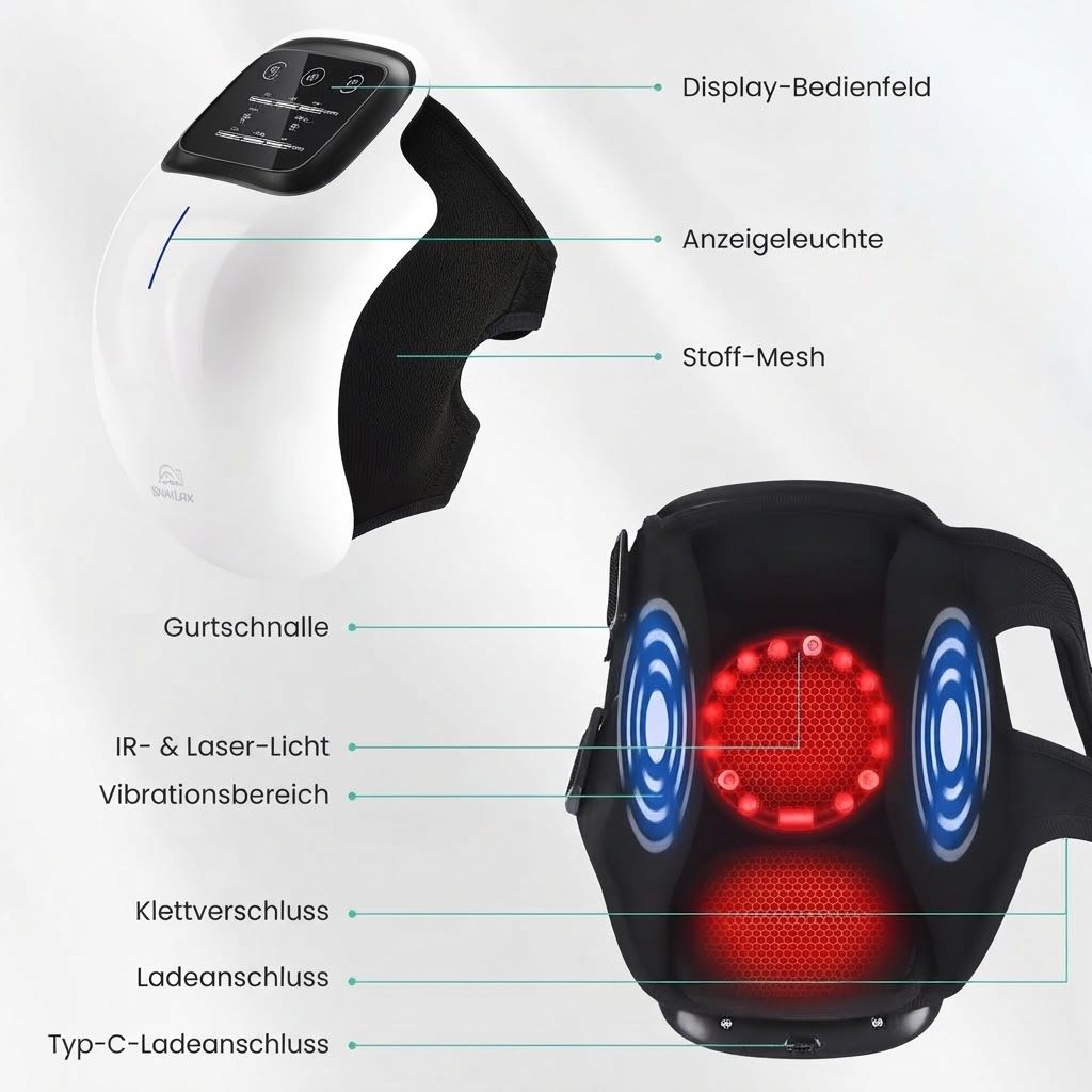 Ein weißes Kniemaschinen-Massagegerät mit schwarzem Klettverschluss und LED-Display.