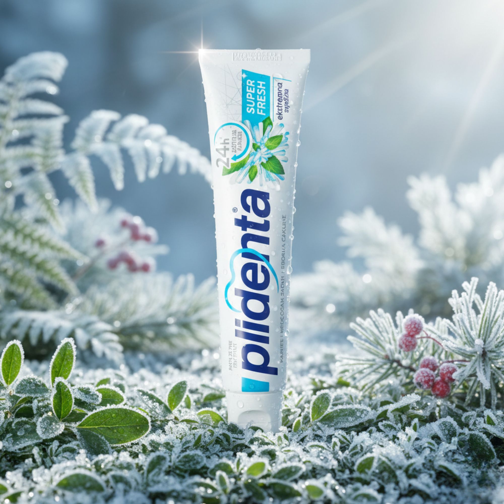 Zahnpasta-Tube mit Produktnamen und Logo. Aufschrift: Super Fresh. Vor gefrorenem Hintergrund platziert.