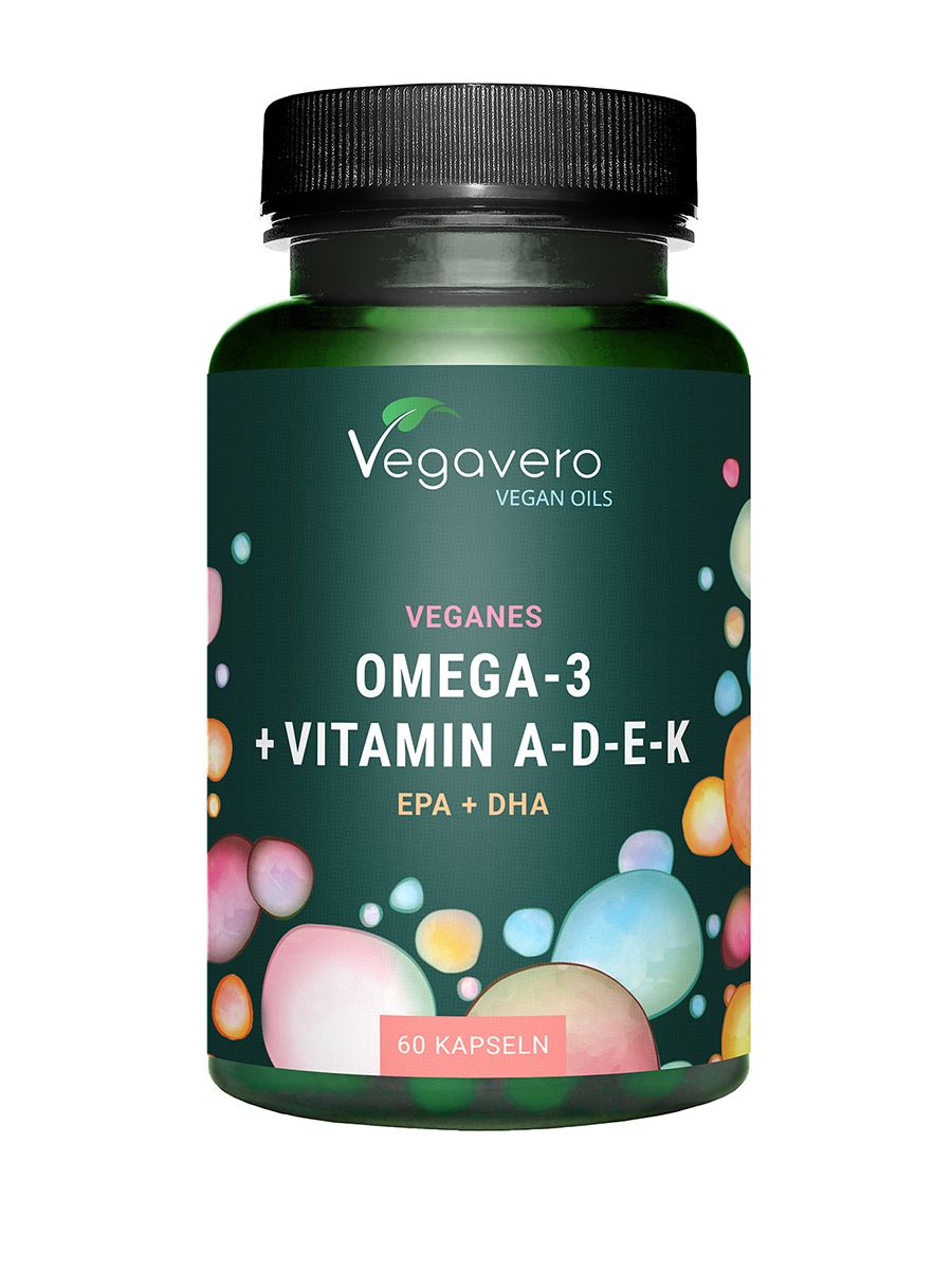 Grüne Flasche mit schwarzen Deckel. Aufschrift: Veganes Omega-3 + Vitamin A-D-E-K. 60 Kapseln.